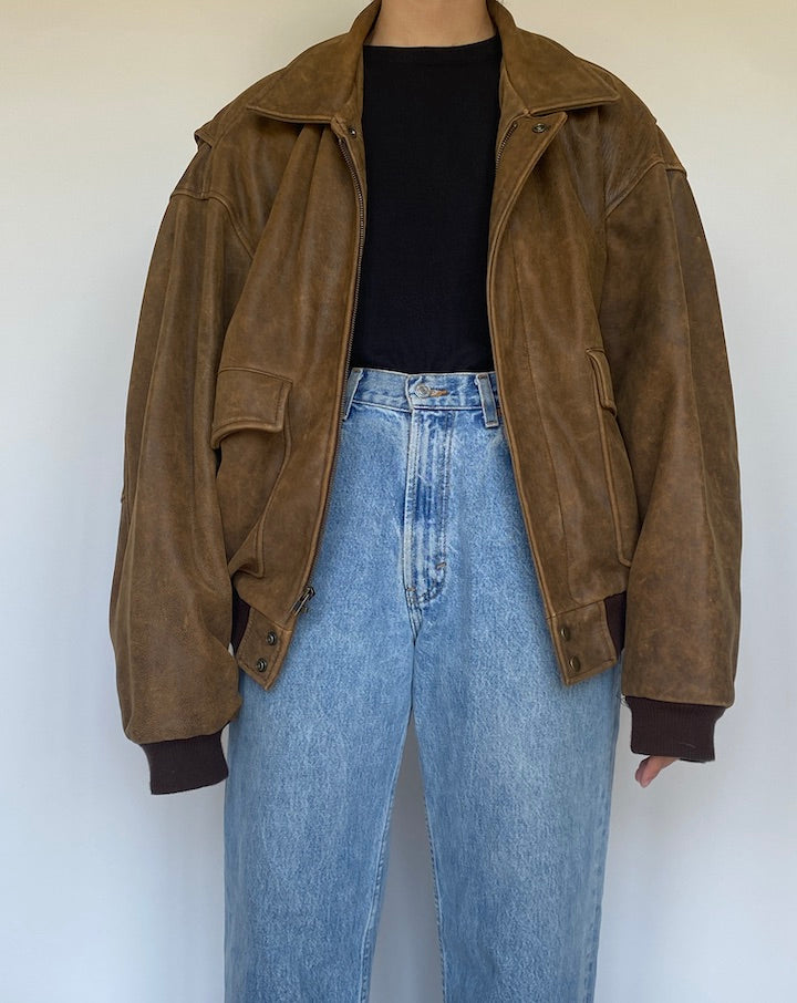 VINTAGE BOXY BROWN LEATHER JACKET 3423