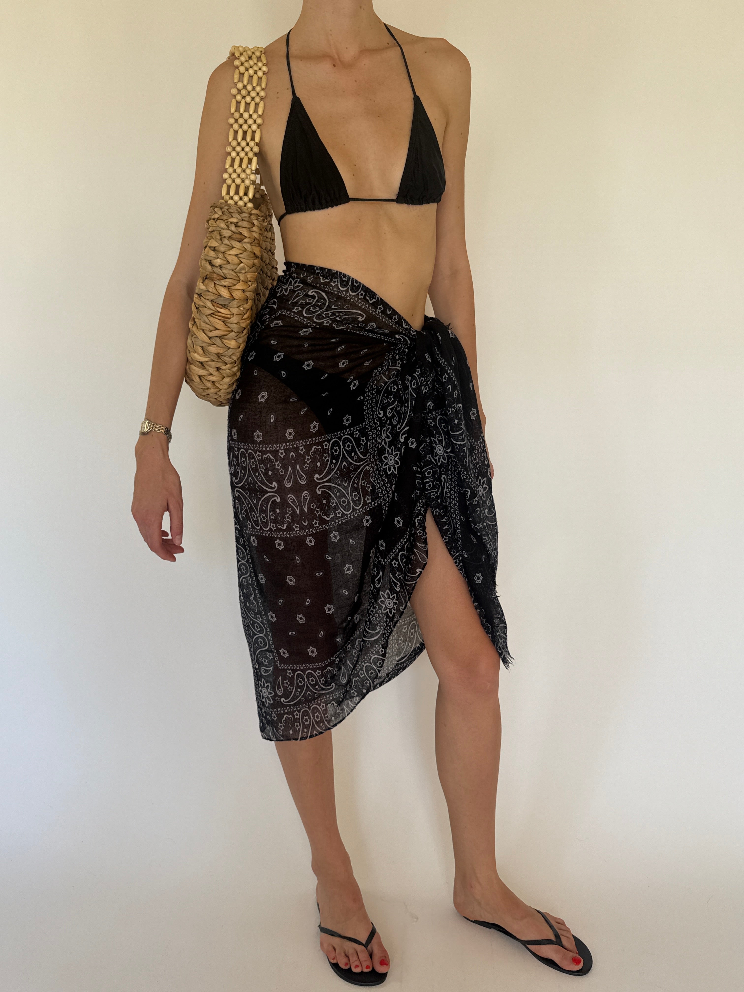 Vintage black sheer paisley sarong side view