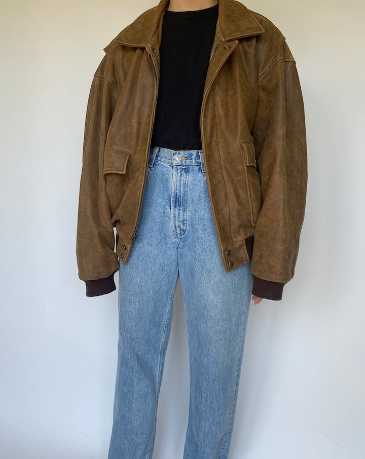 VINTAGE BOXY BROWN LEATHER JACKET 3423