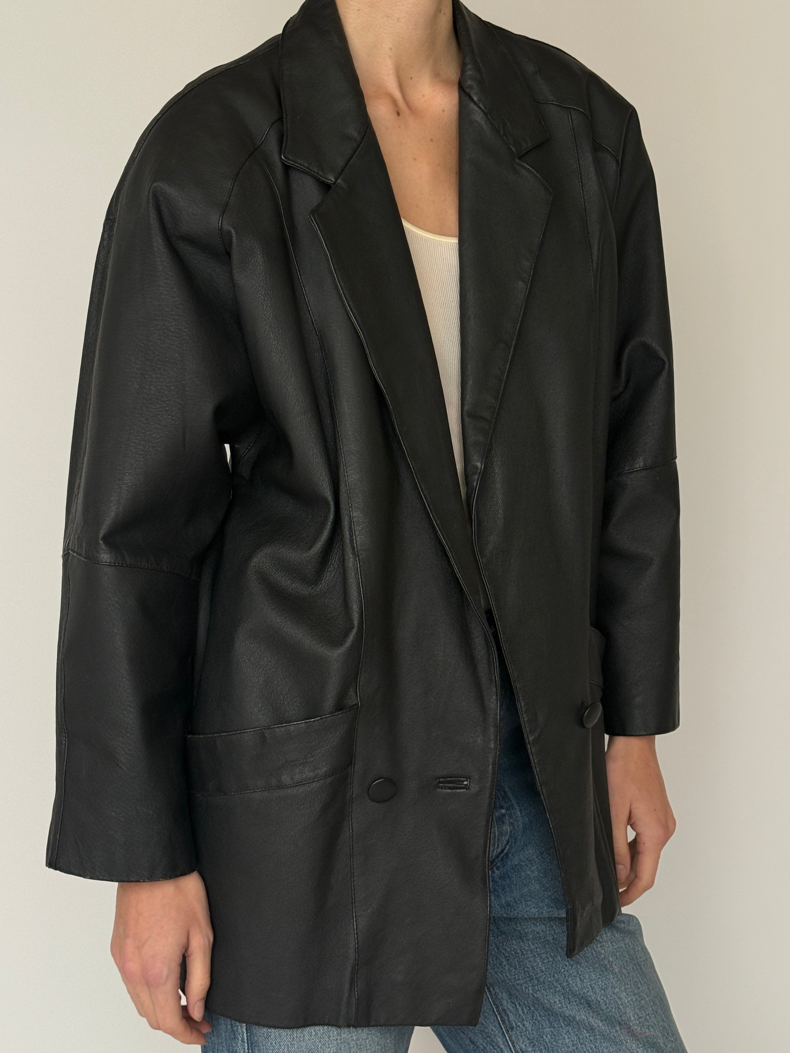 Vintage black leather blazer lapel detail