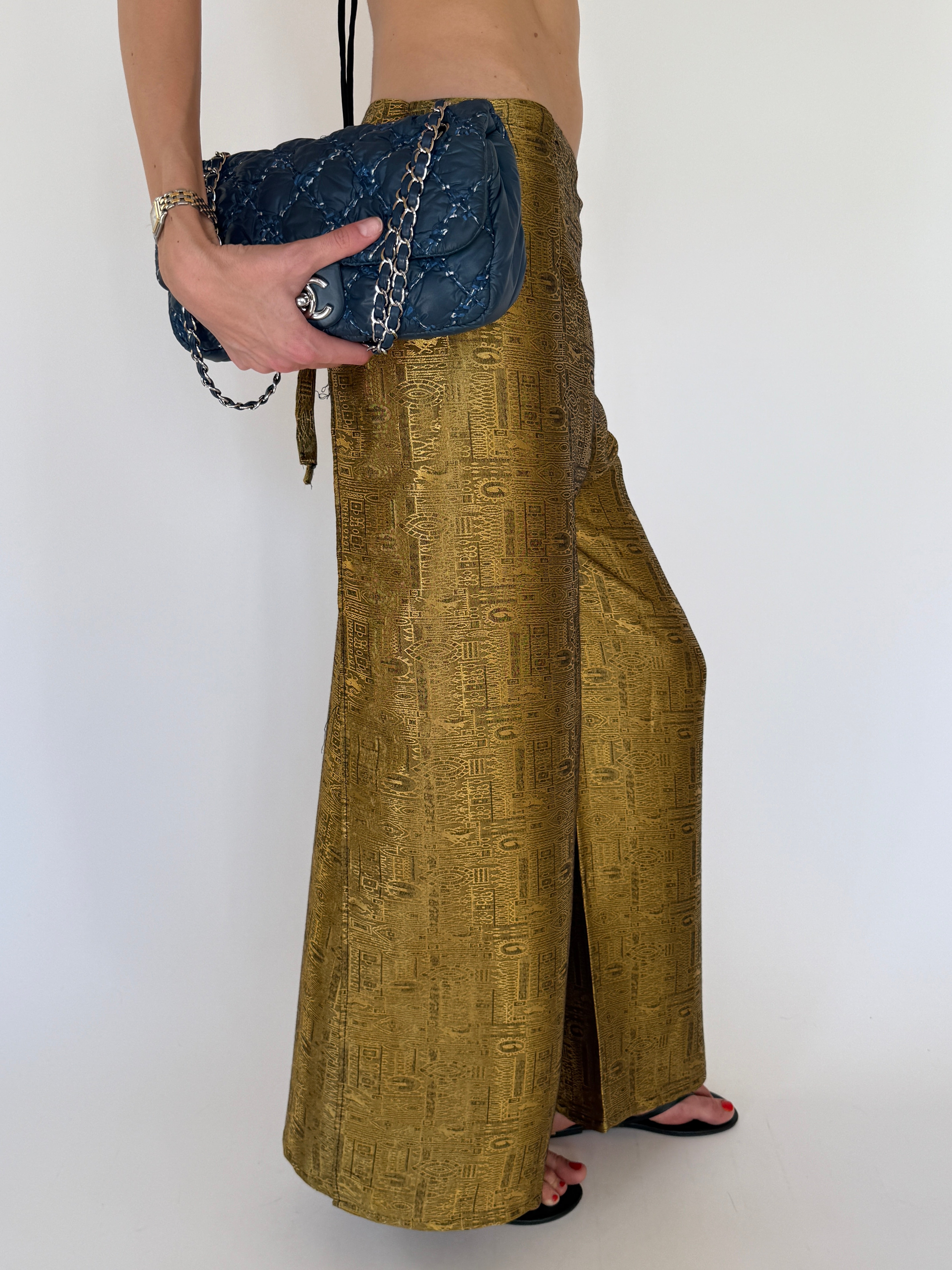 Vintage Jacquard Wide-Leg Wrap Trousers Metallic Gold