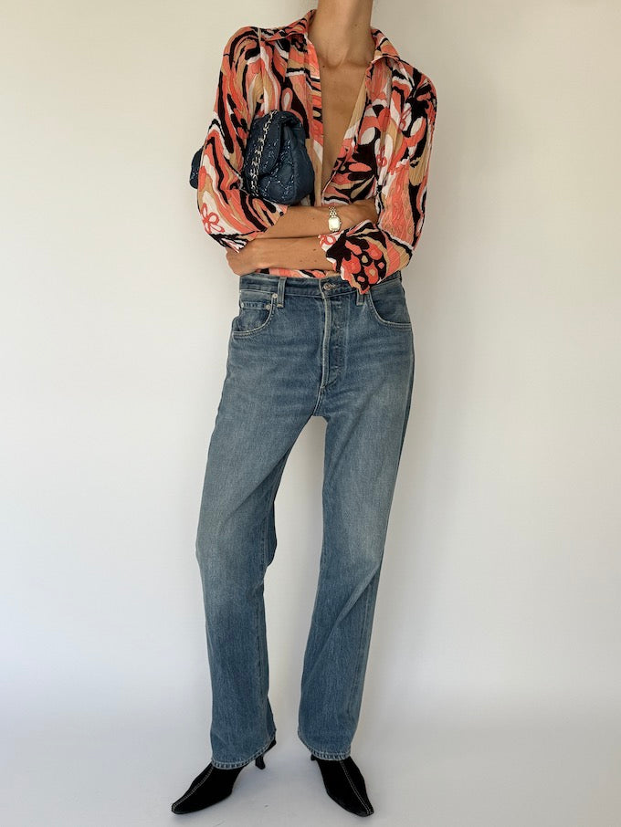 Vintage Pucci-Inspired Printed Button-Up Blouse 6238