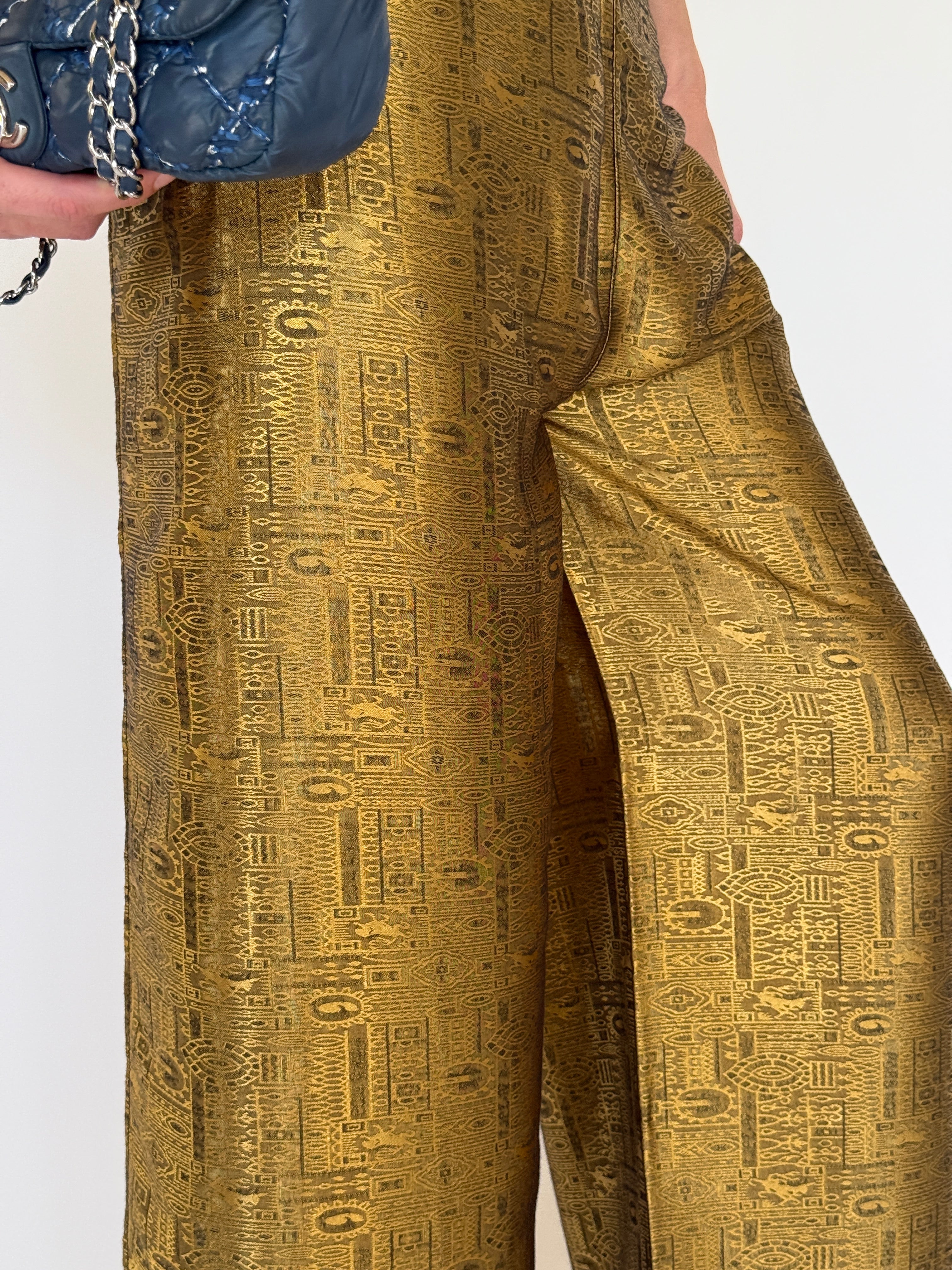 Vintage Jacquard Wide-Leg Wrap Trousers Metallic Gold 7574