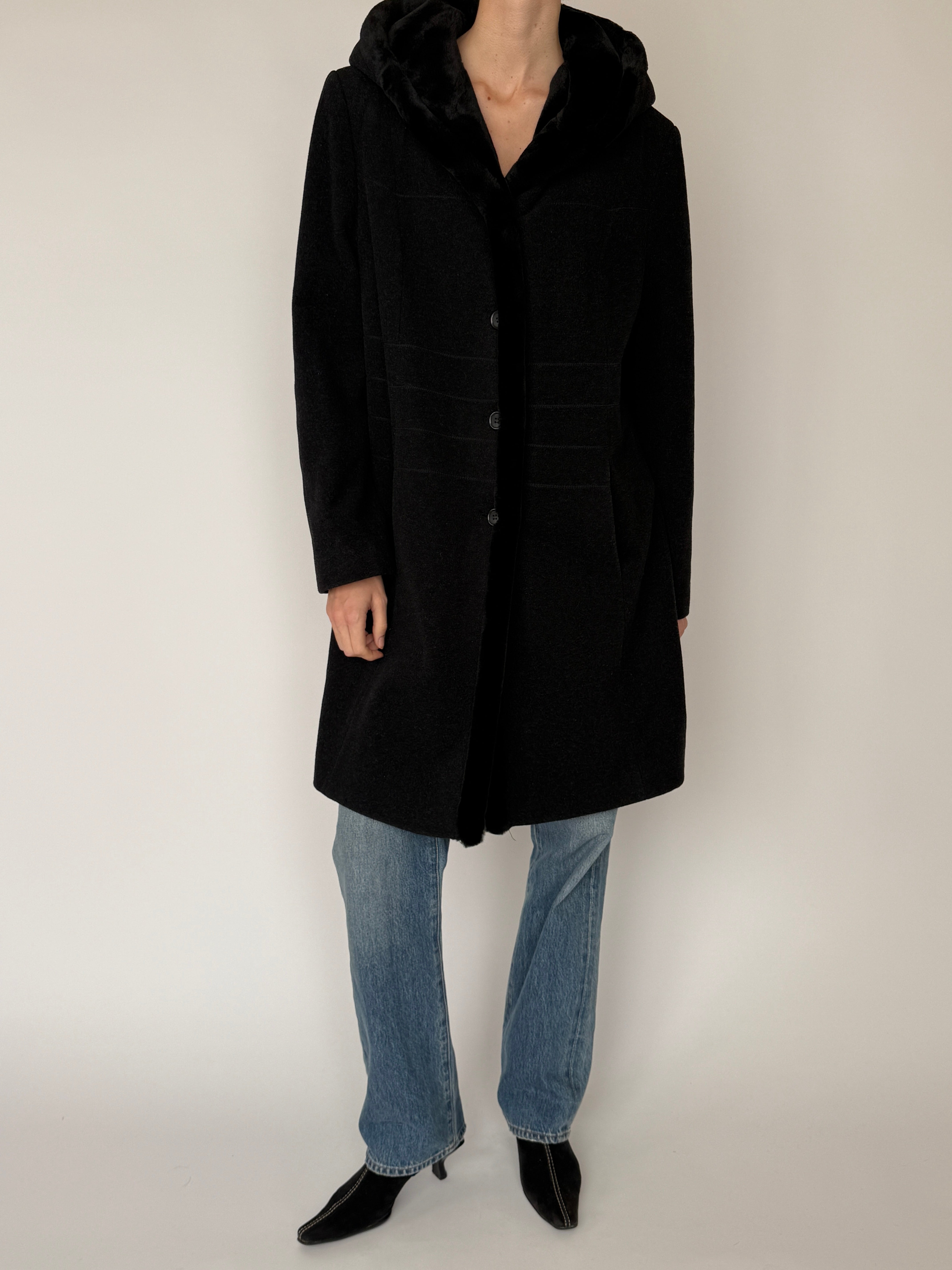 Vintage grey wool hooded coat front view