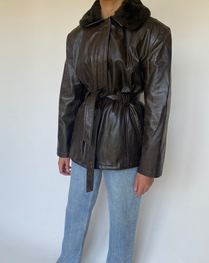 VINTAGE DARK BROWN SHORT TRENCH LEATHER JACKET 3429