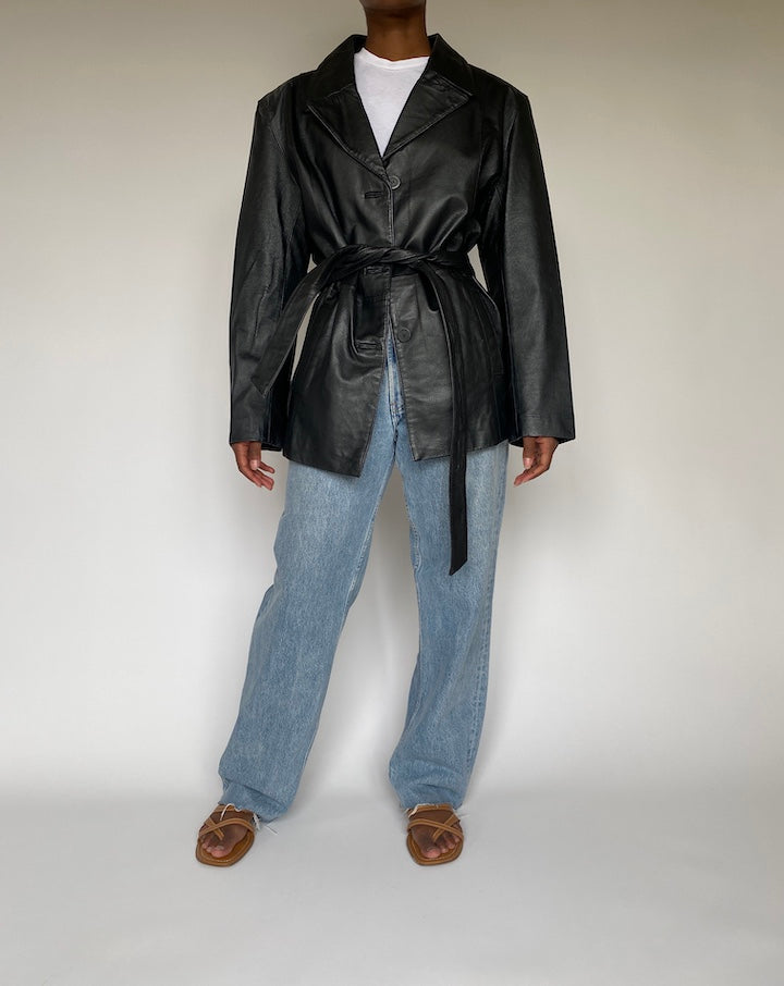 VINTAGE BLACK SHORT LEATHER TRENCH COAT 3837