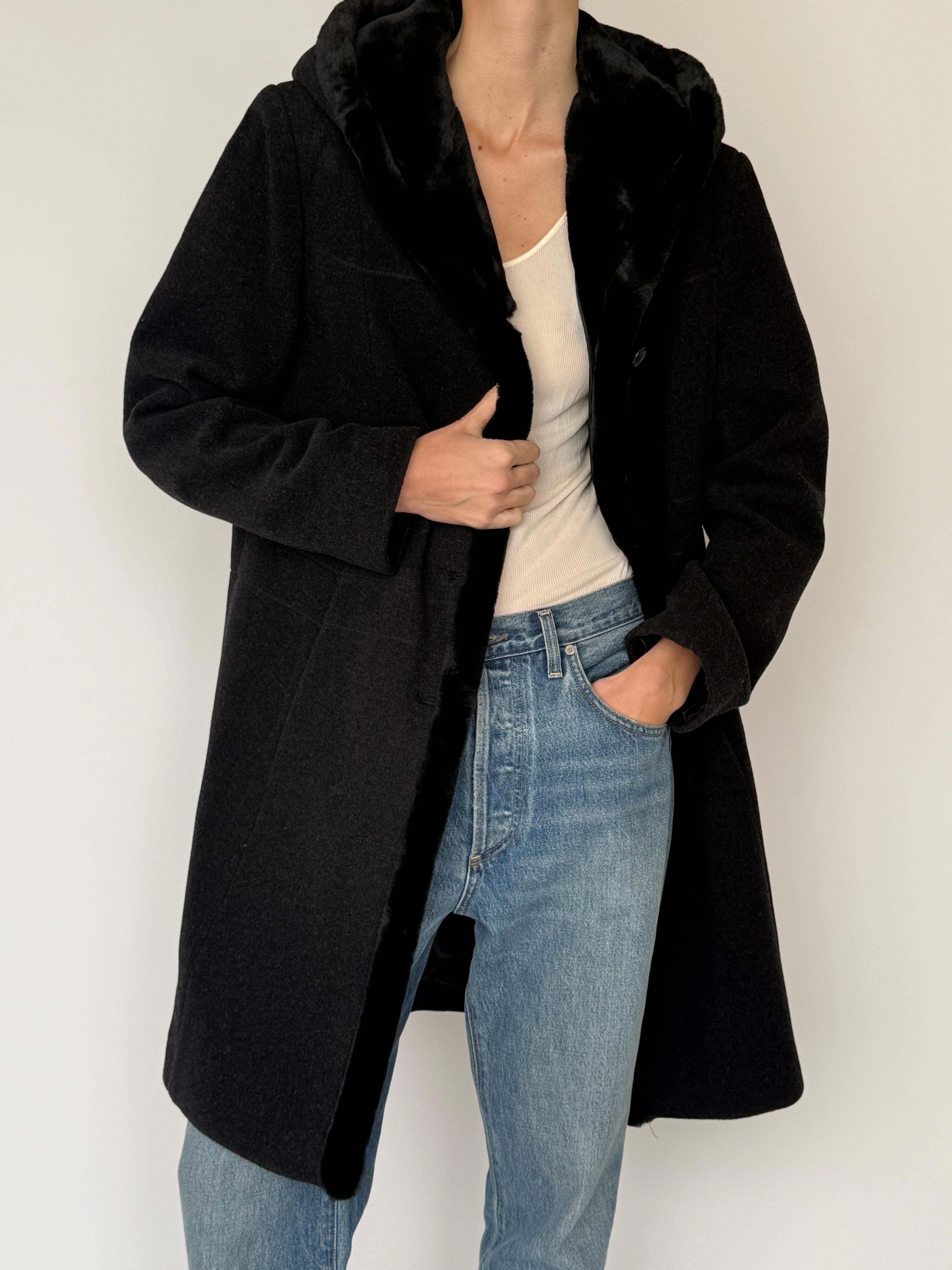 Vintage wool hooded coat grey texture detail