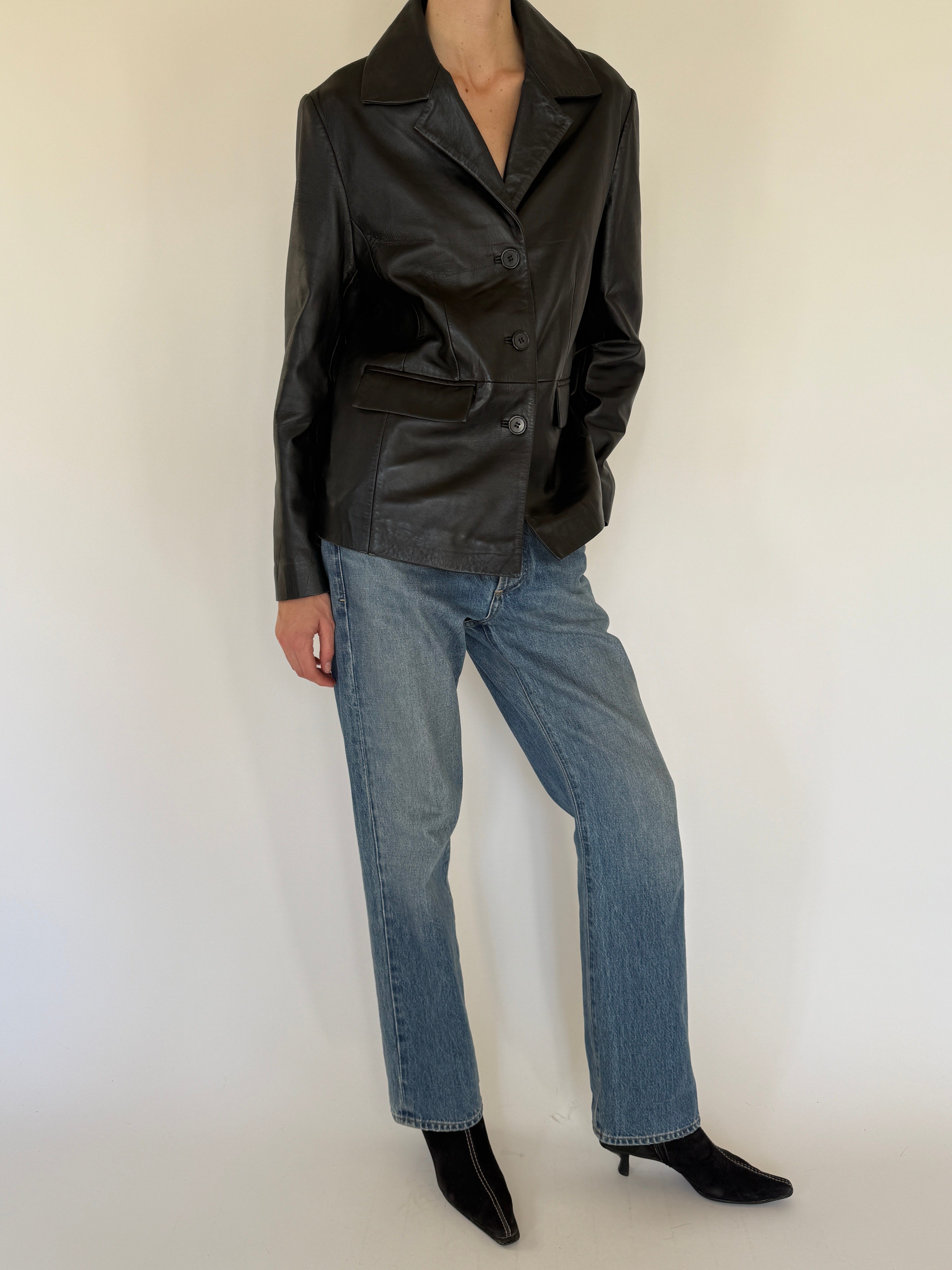 Vintage black leather blazer side view