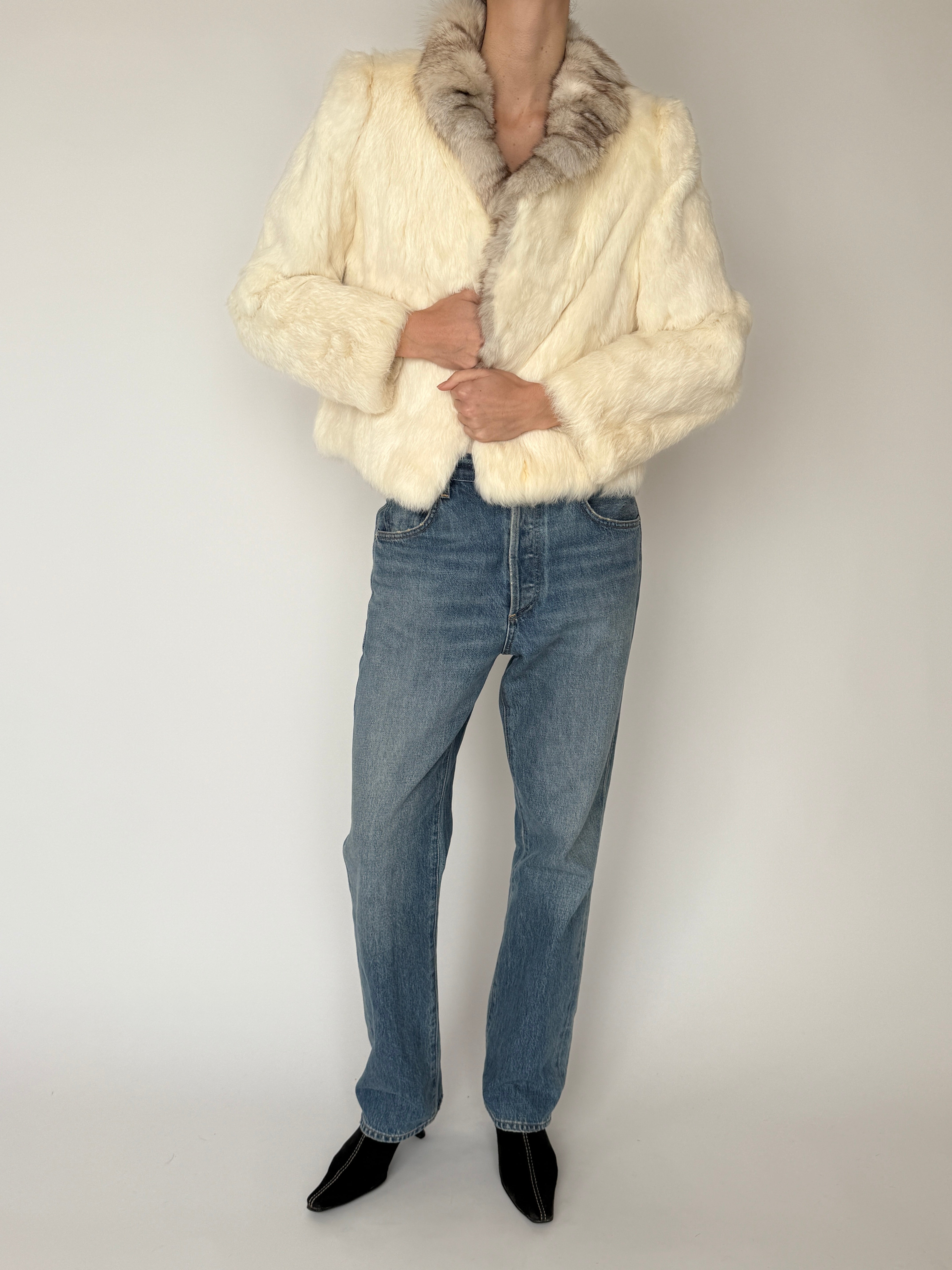 Vintage ivory real fur coat front view