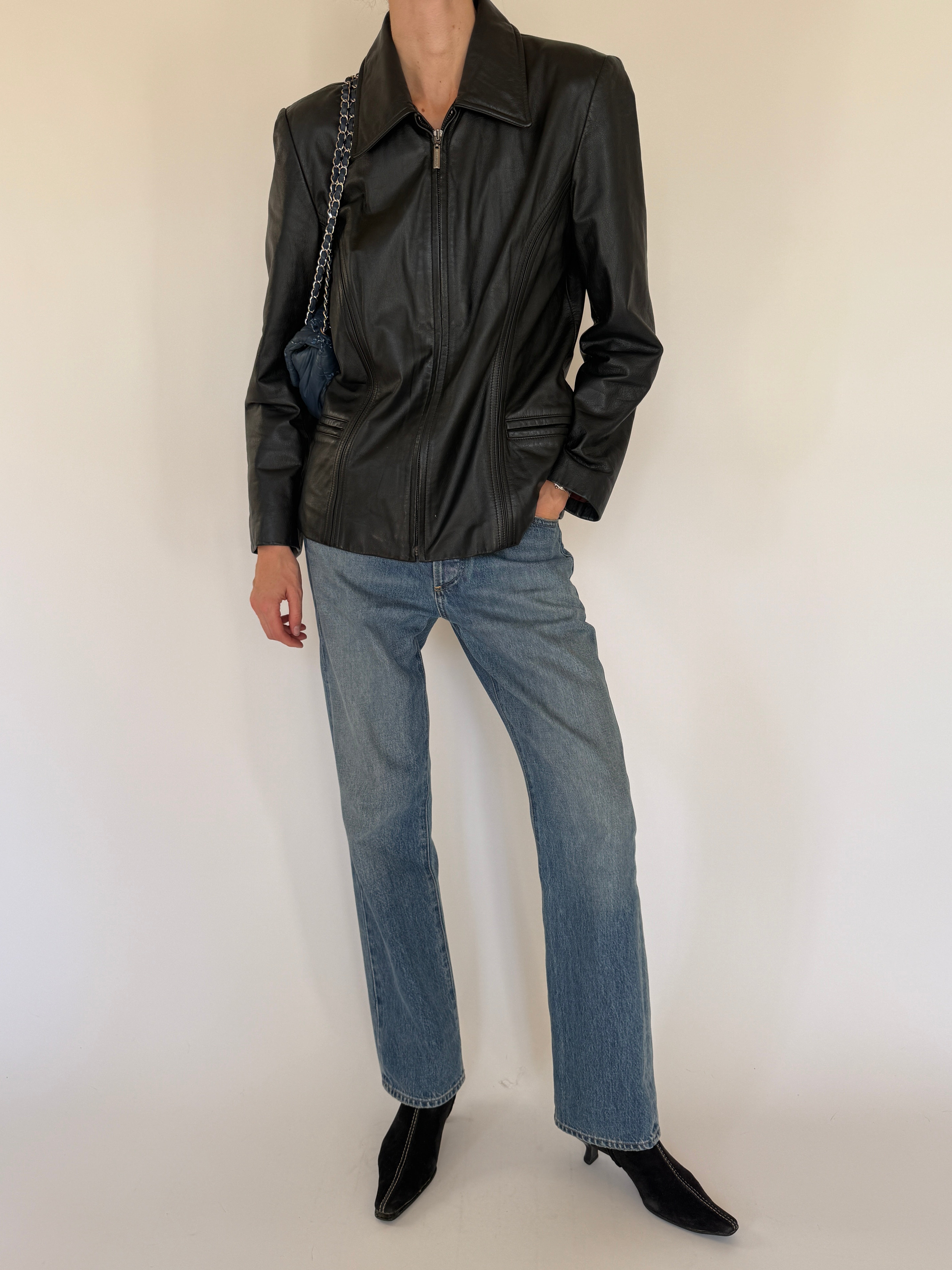 Vintage black leather jacket front view