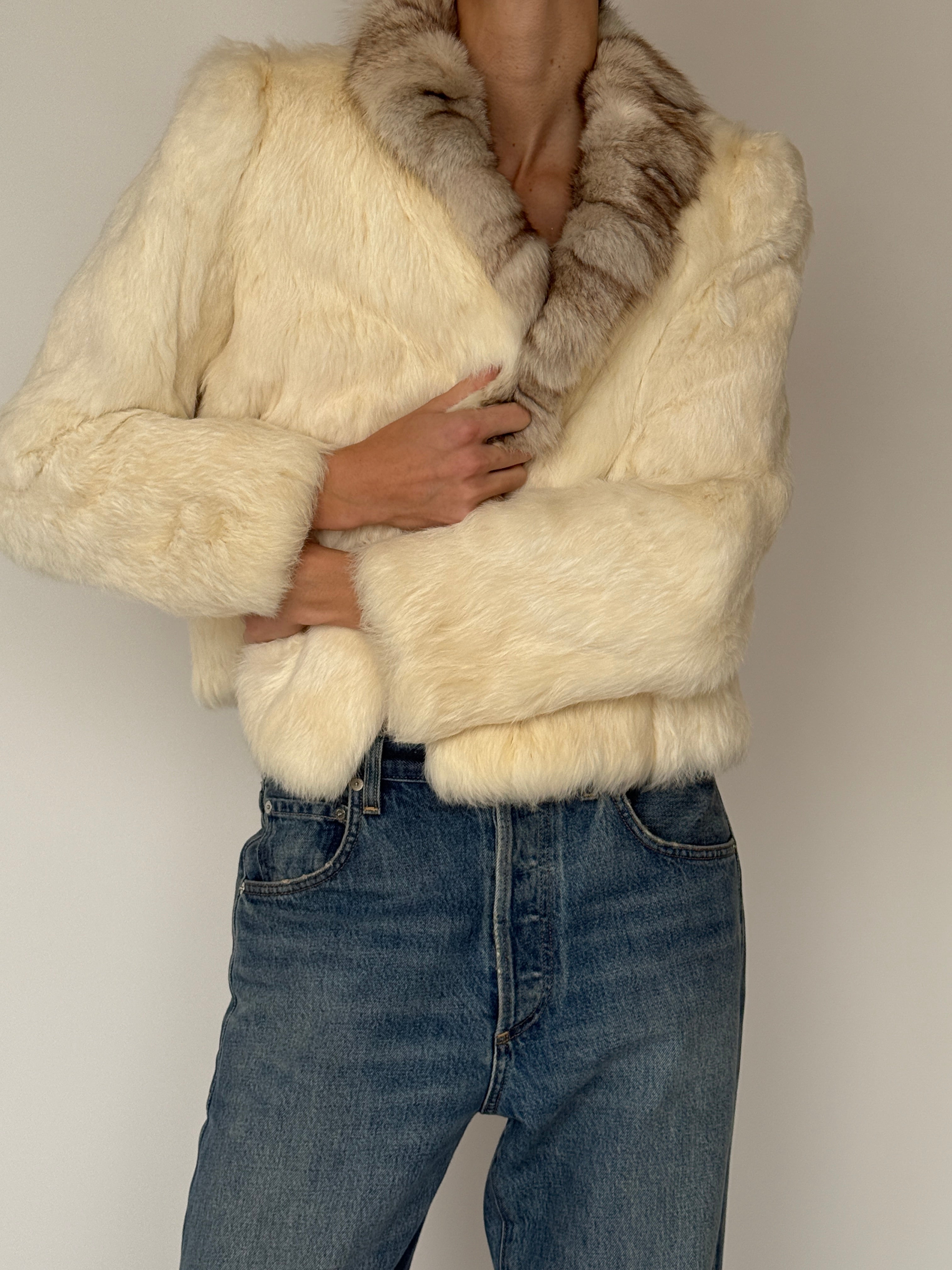 Vintage ivory real fur coat front view