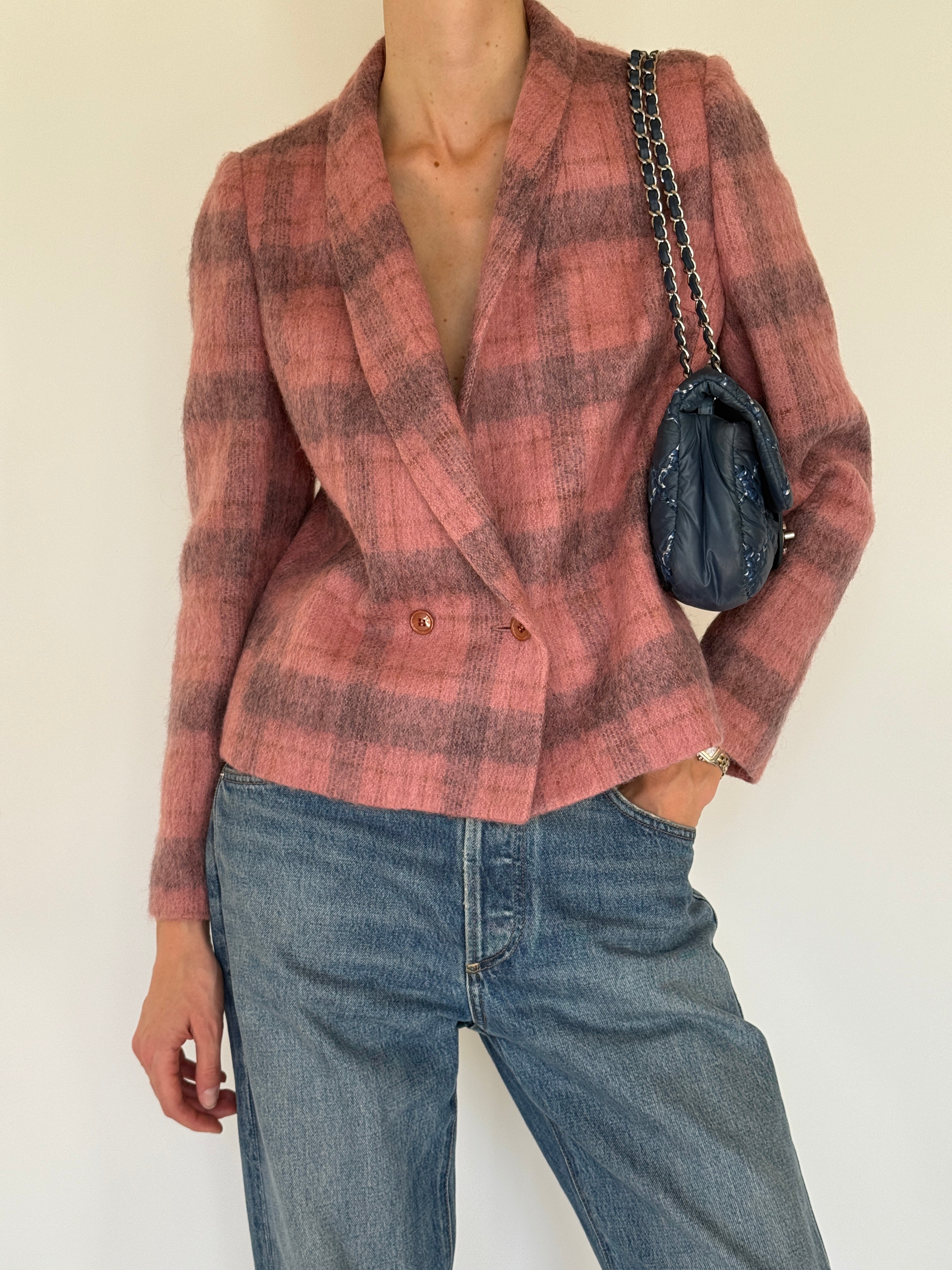 Vintage rose plaid blazer front view double-breasted