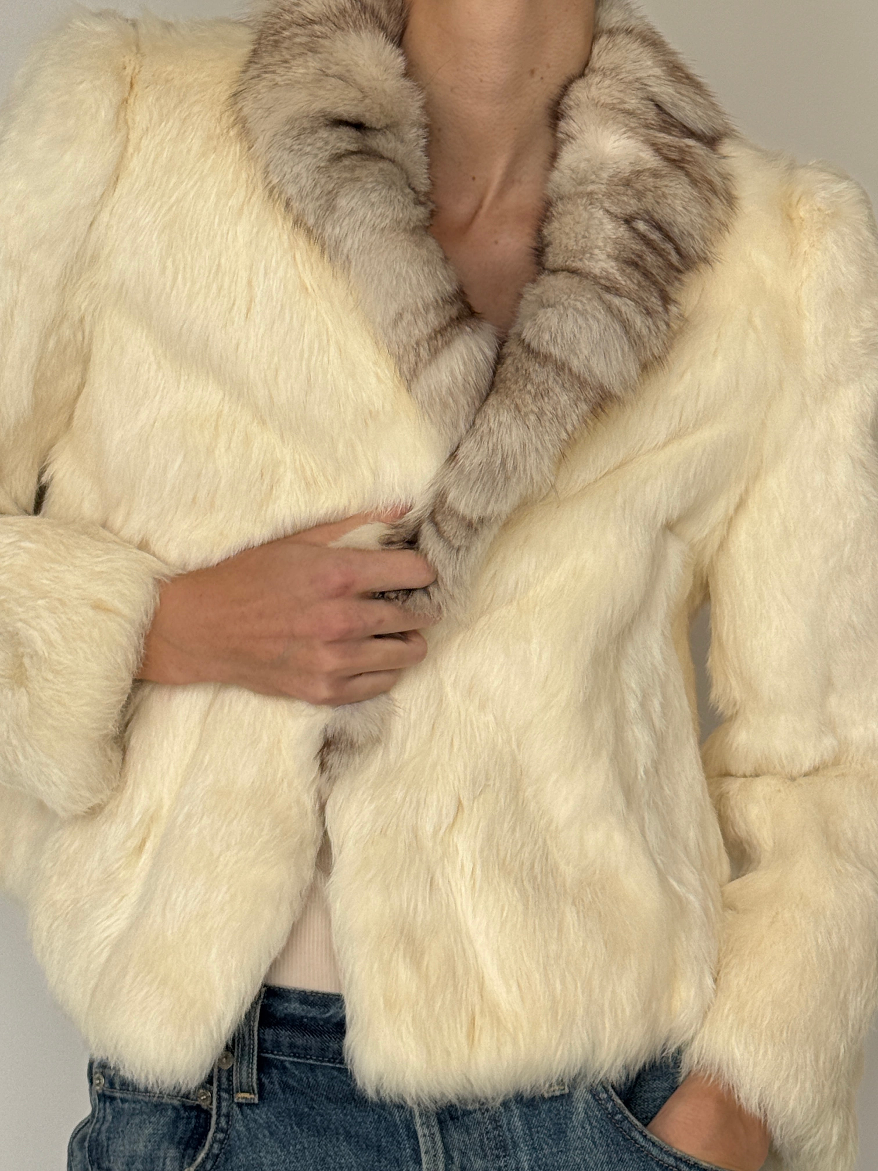 Vintage ivory real fur coat front view
