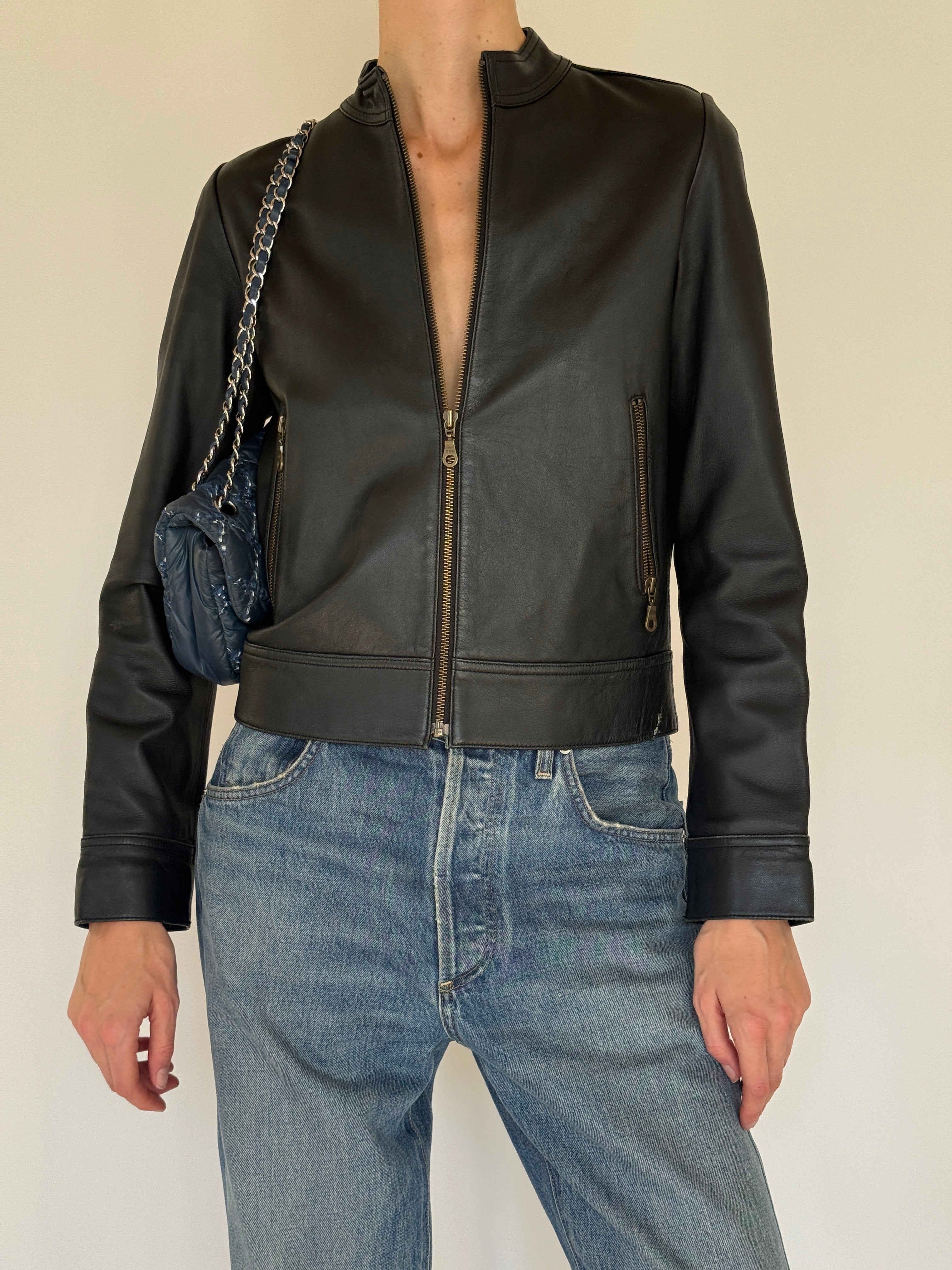 Vintage black leather zip jacket front view