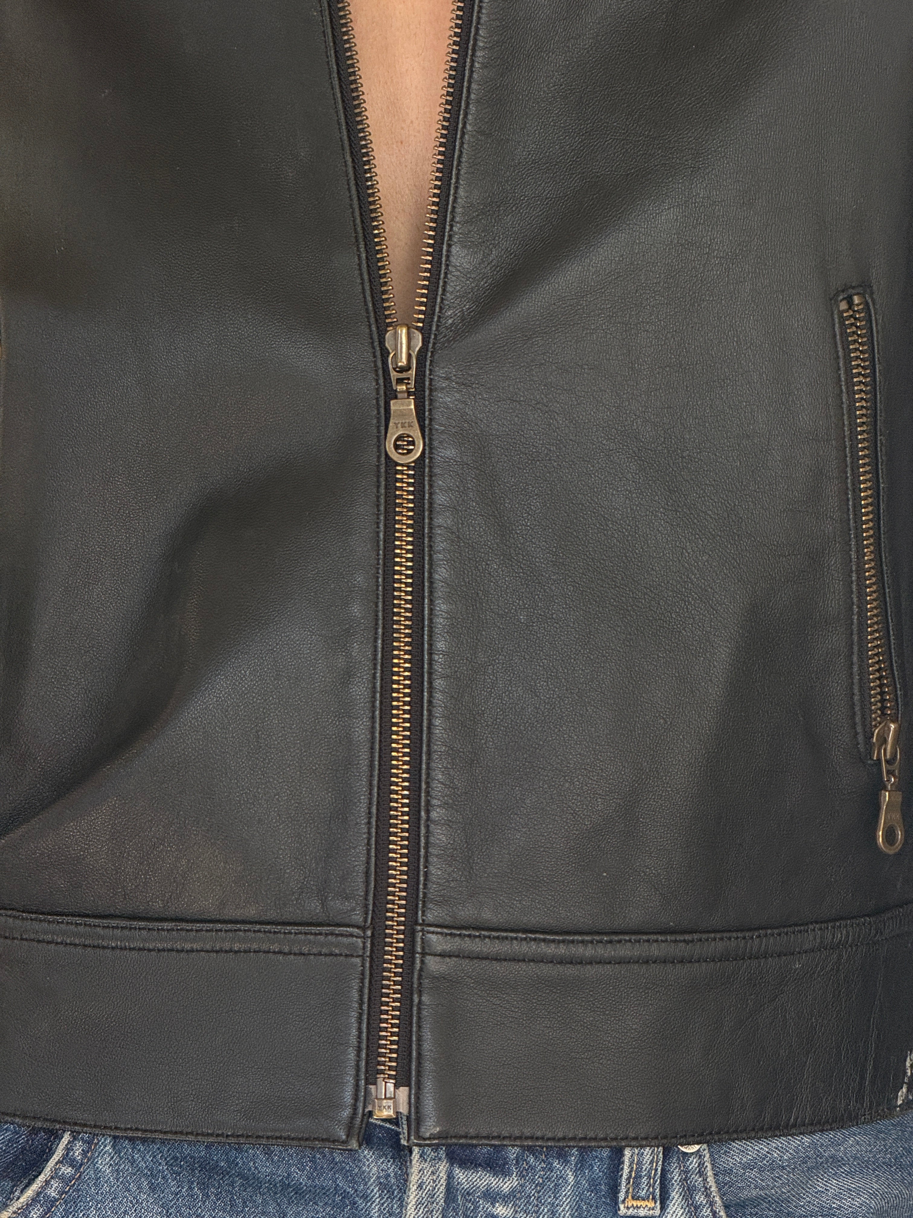 Vintage black leather jacket pocket zipper detail