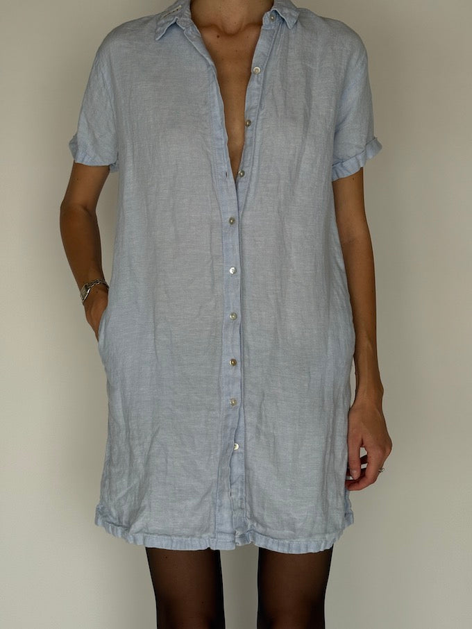 Vintage Short-Sleeve Linen Dress Light Blue 5941