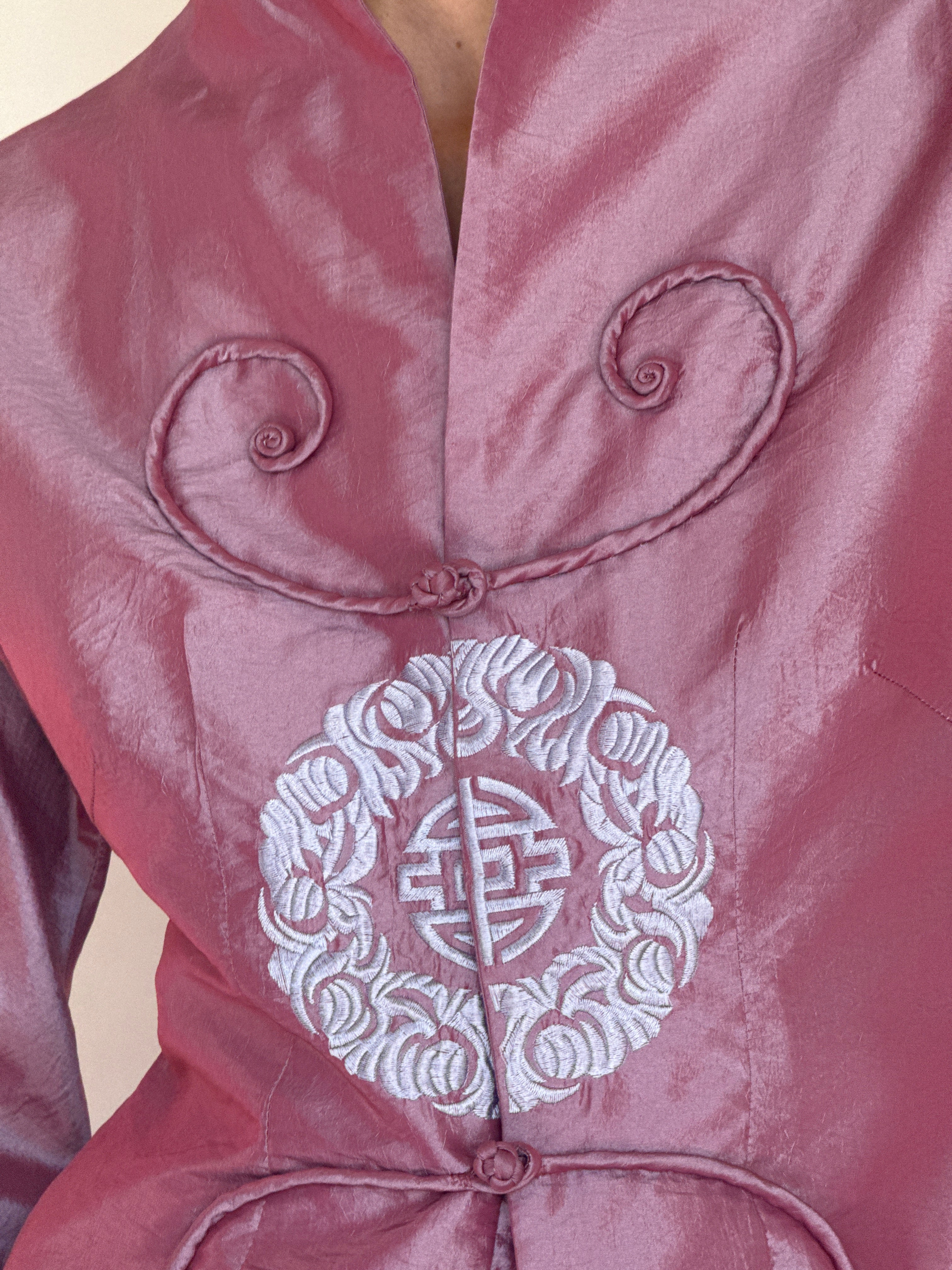 Vintage purple Chinese jacket scroll trim detail