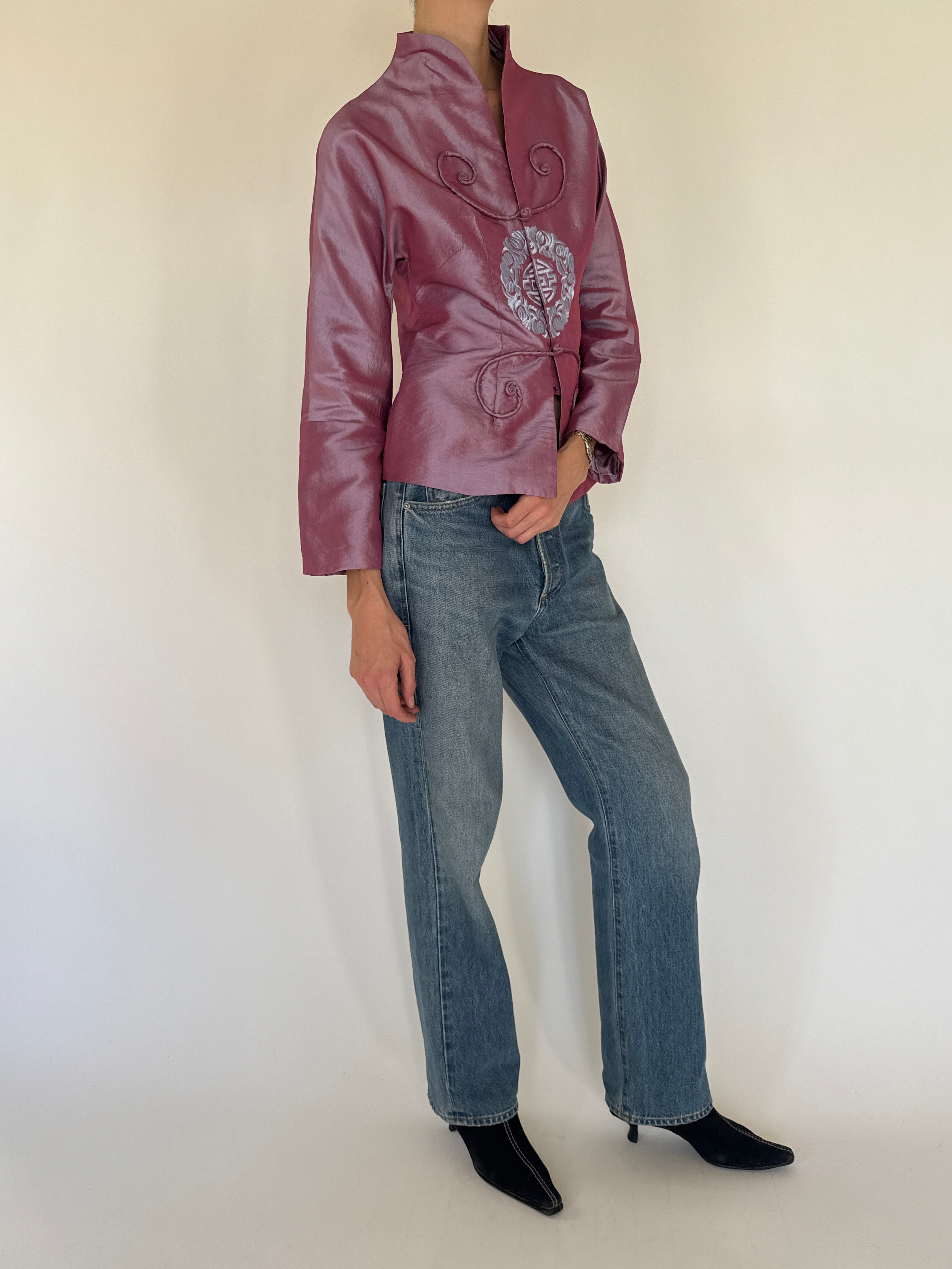 Vintage purple Chinese embroidered jacket side view