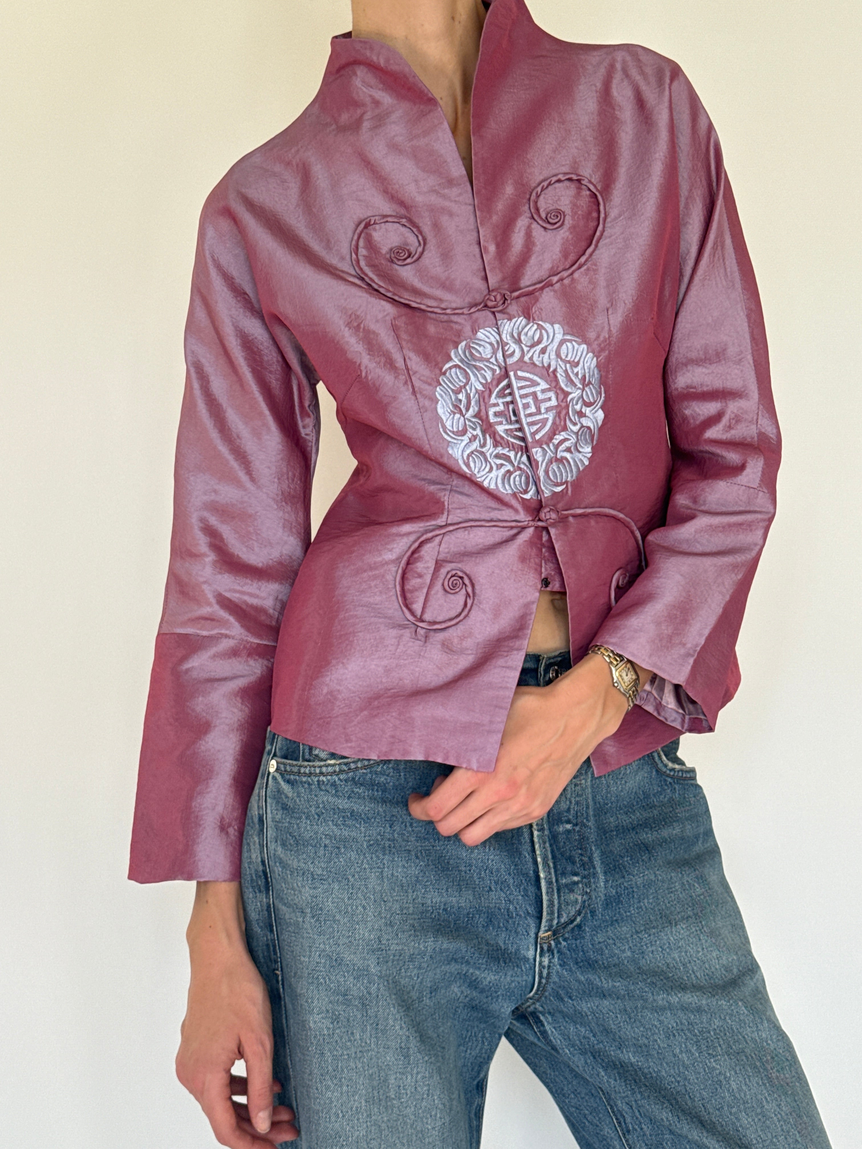 Vintage purple Chinese embroidered jacket front view