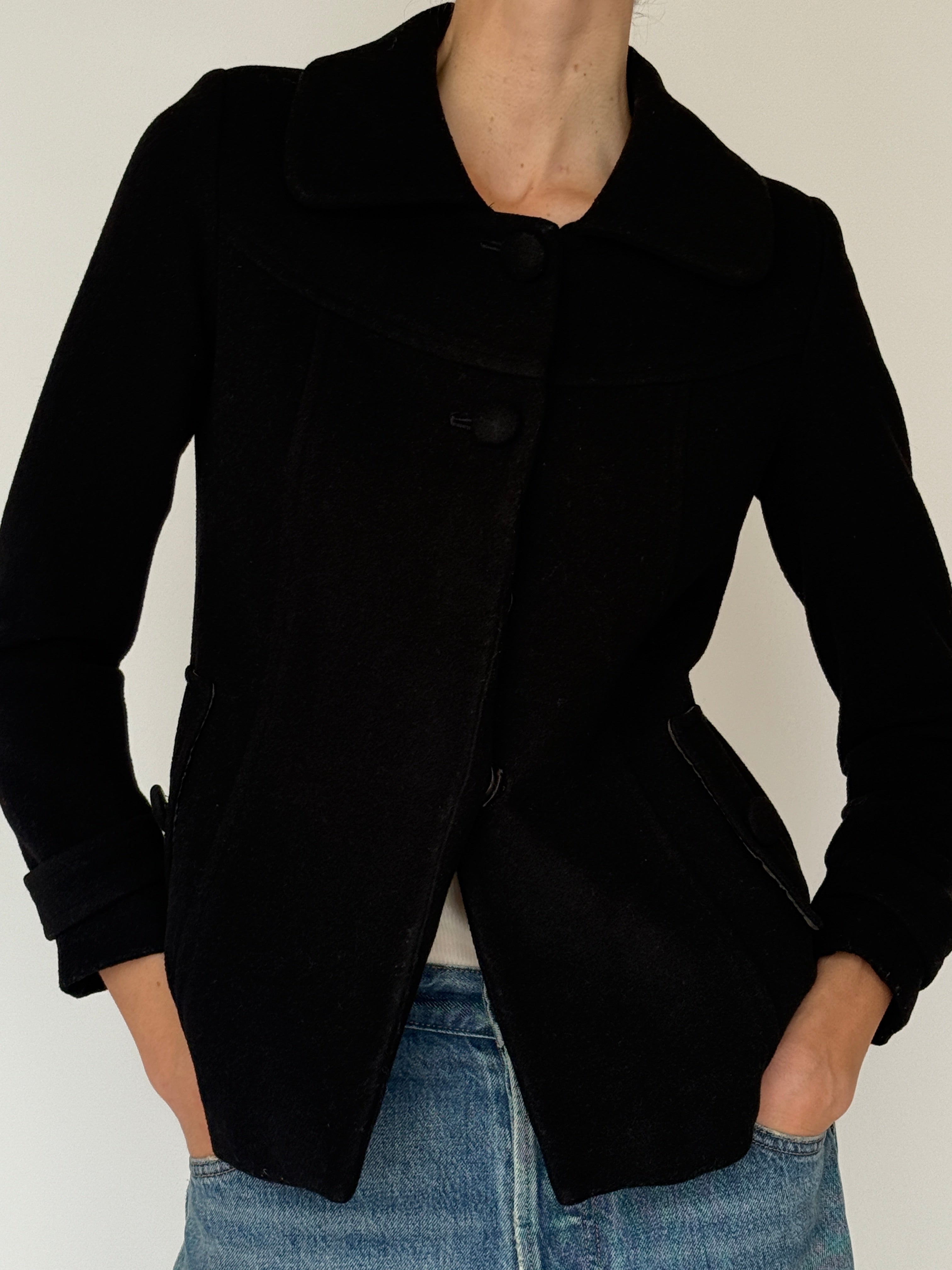 Vintage black sculpted jacket front view rounded collar