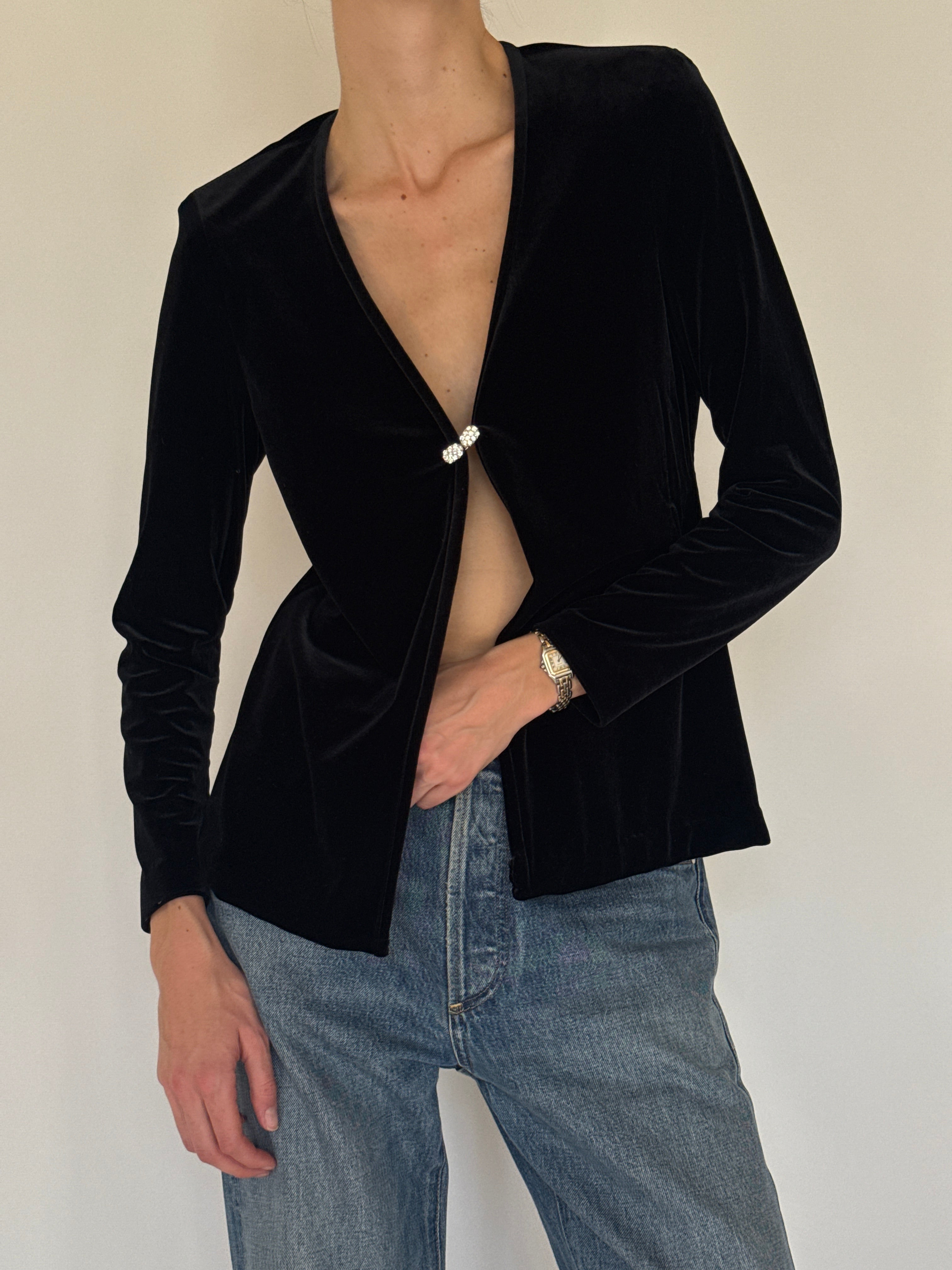 Vintage black velvet hook closure top front view