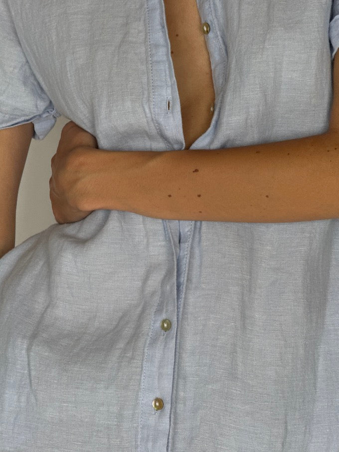 Vintage Short-Sleeve Linen Dress Light Blue 5941