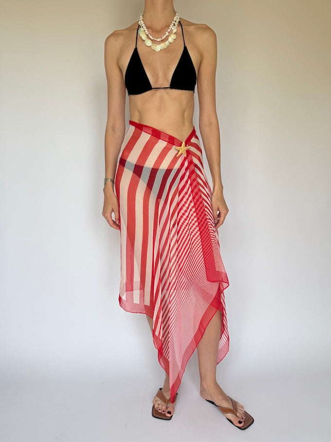 Vintage striped red & cream silk sarong 6290