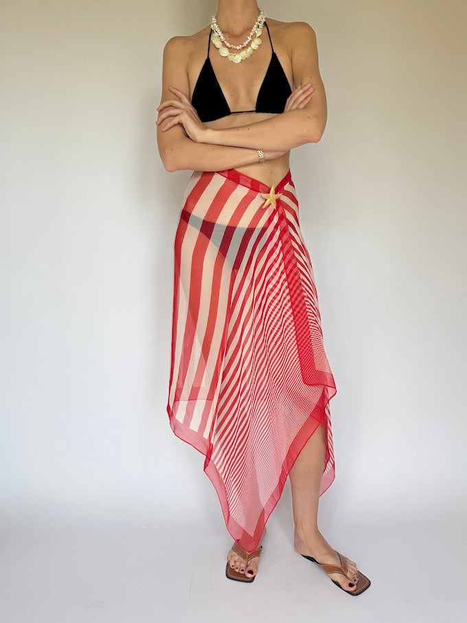 Vintage striped red & cream silk sarong 6290