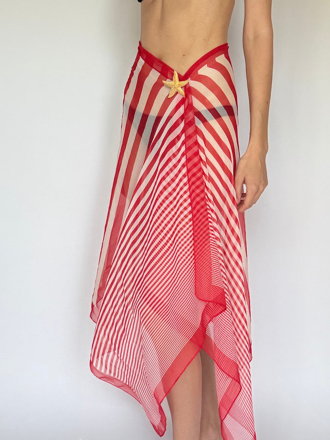 Vintage striped red & cream silk sarong 6290
