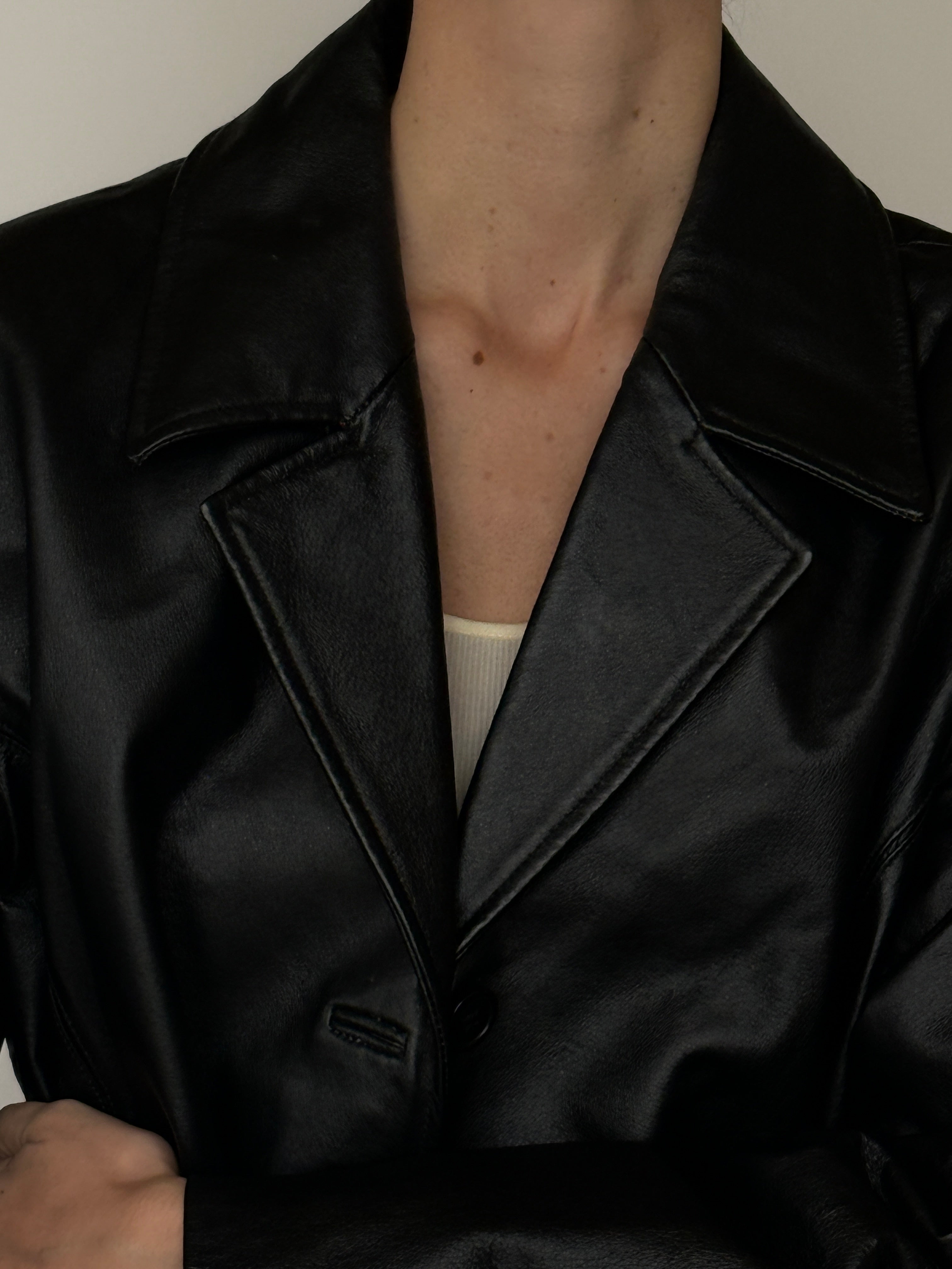 Vintage black leather blazer lapel detail