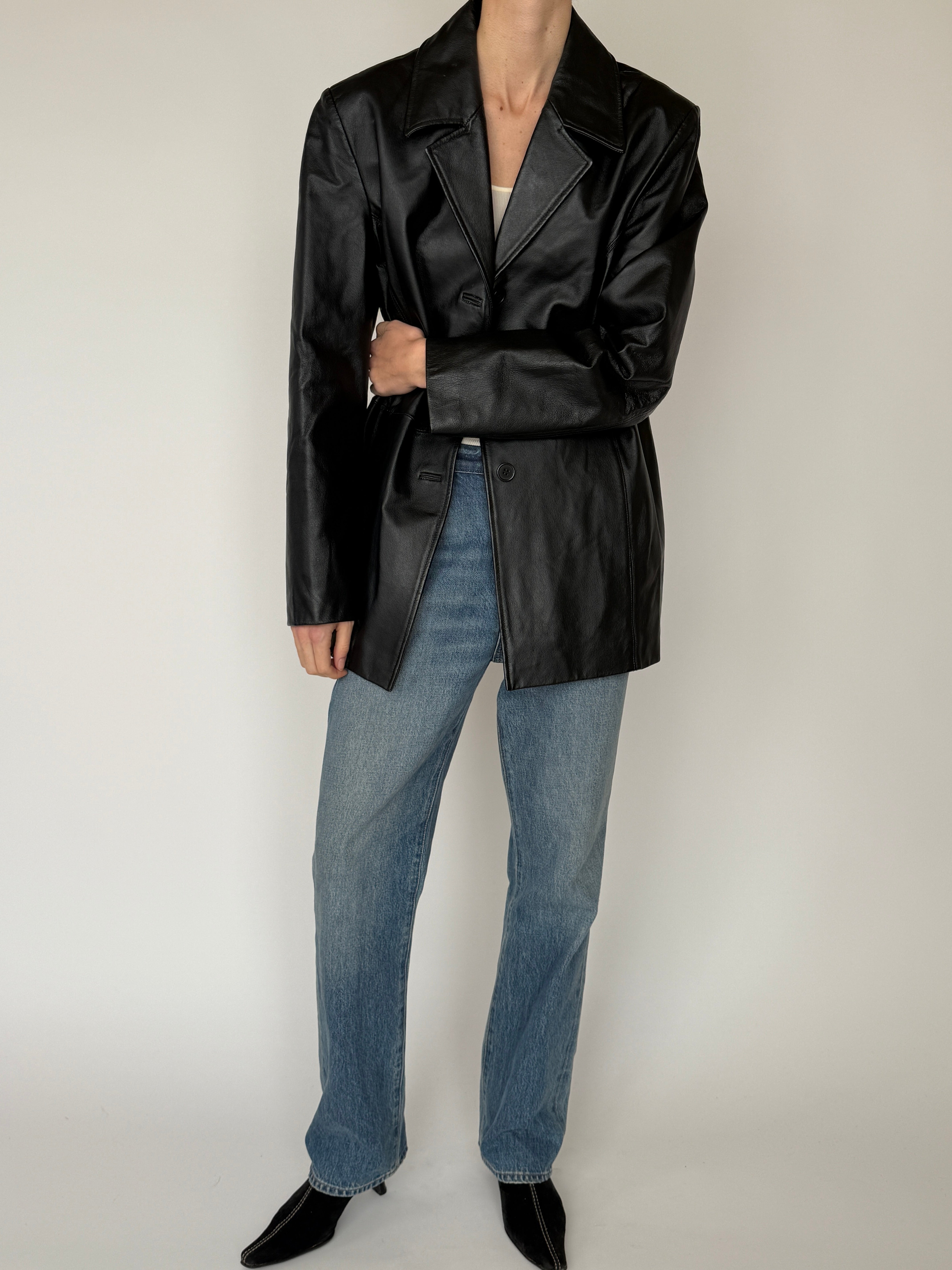 Vintage black leather blazer front view