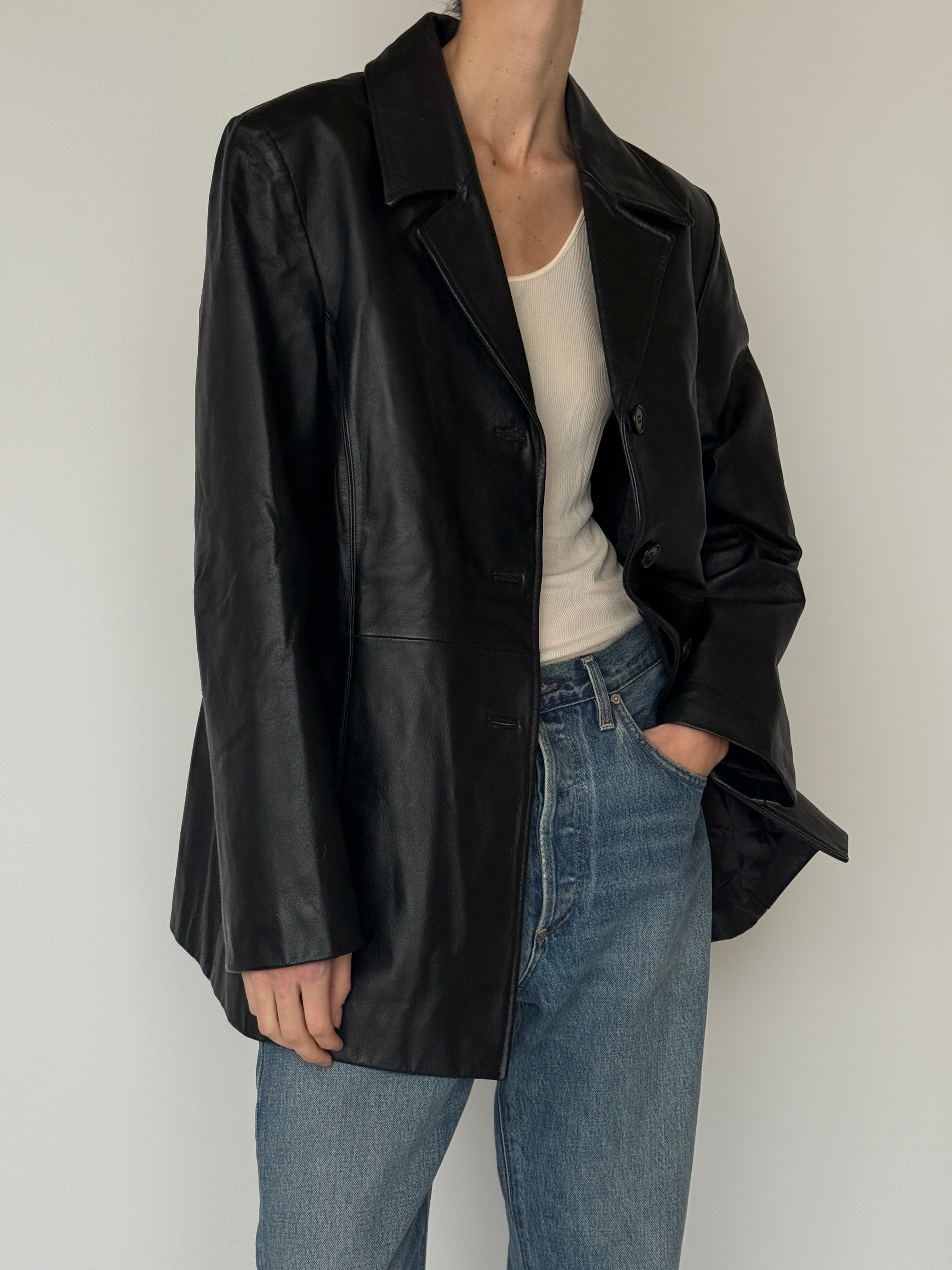 Vintage black leather blazer side view