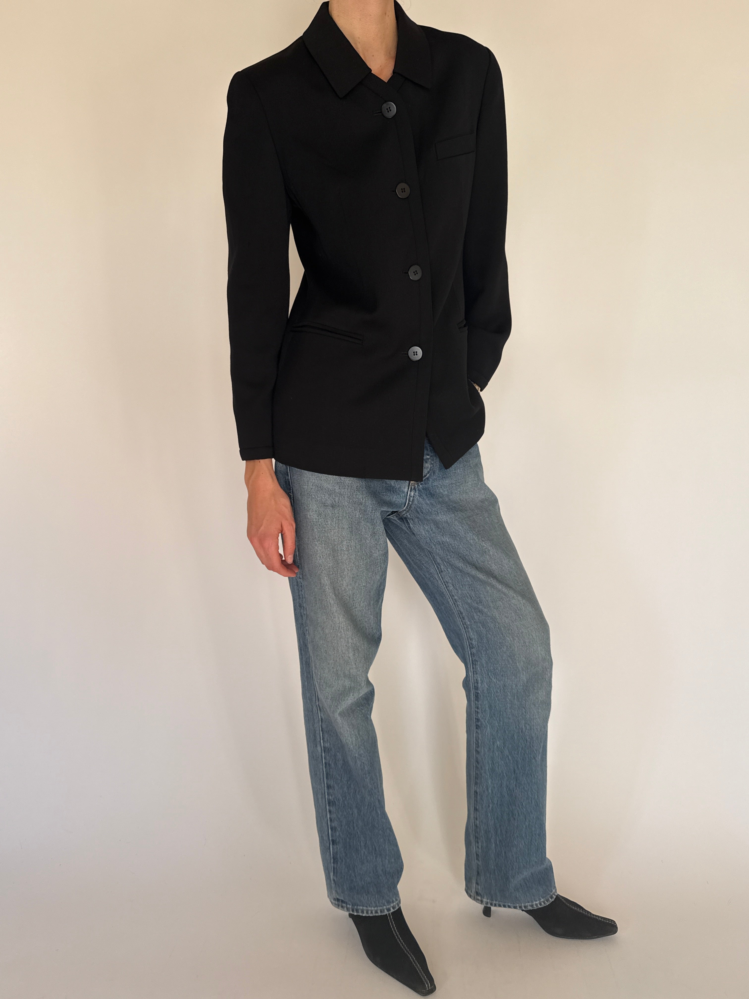 Vintage black structured button-front blazer side view