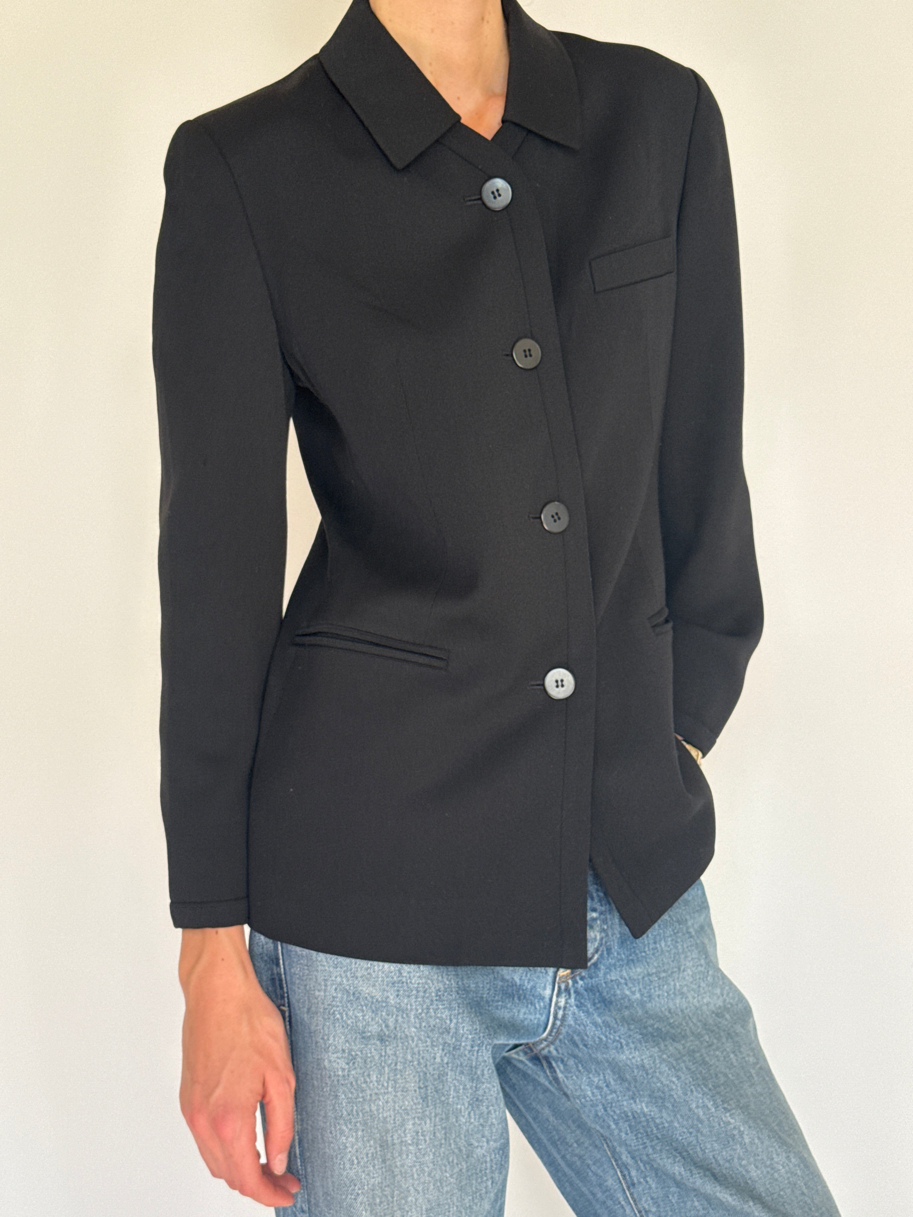 Vintage black structured button-front blazer front view