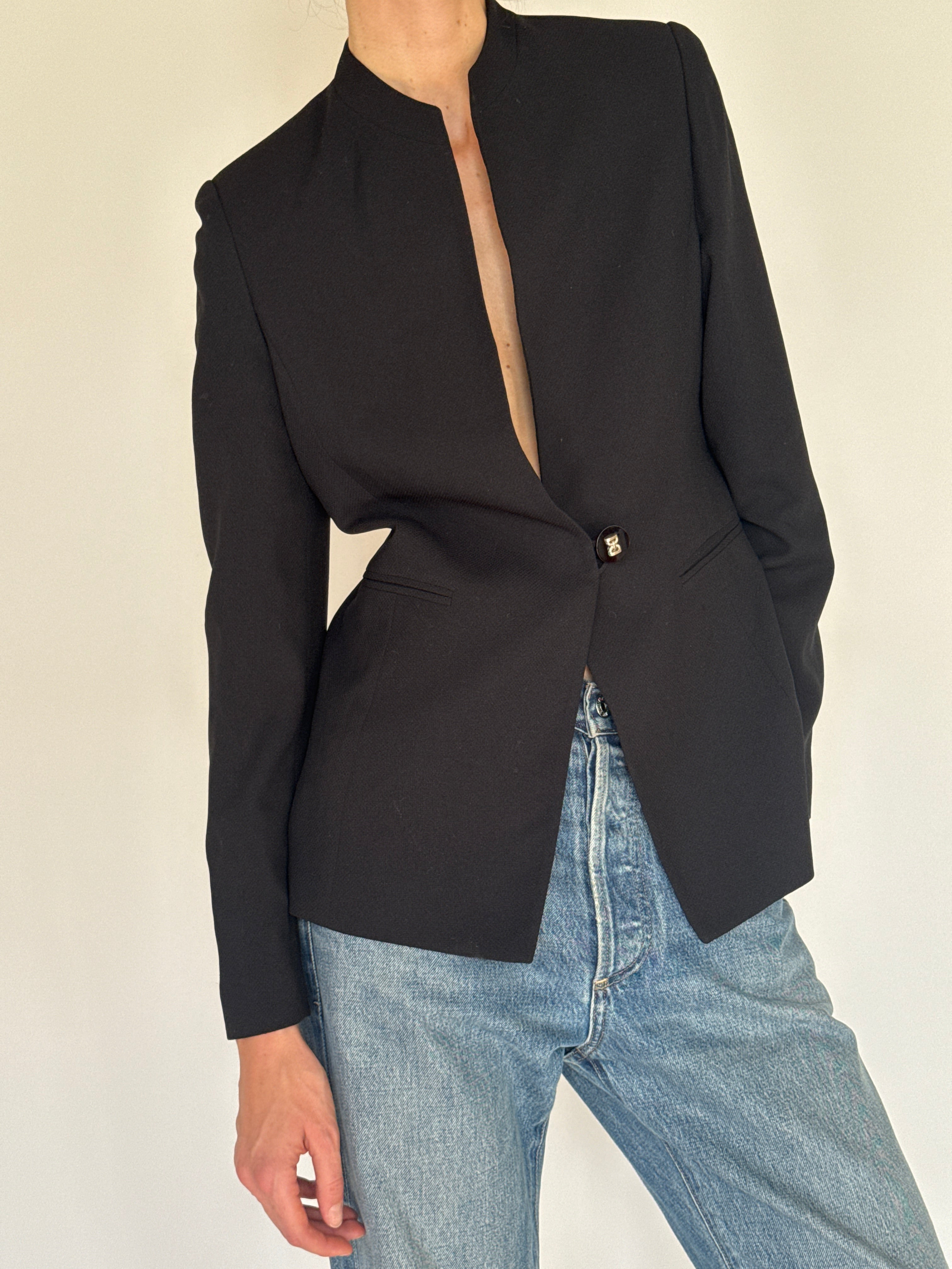 Vintage black collarless tailored blazer front view with statement button