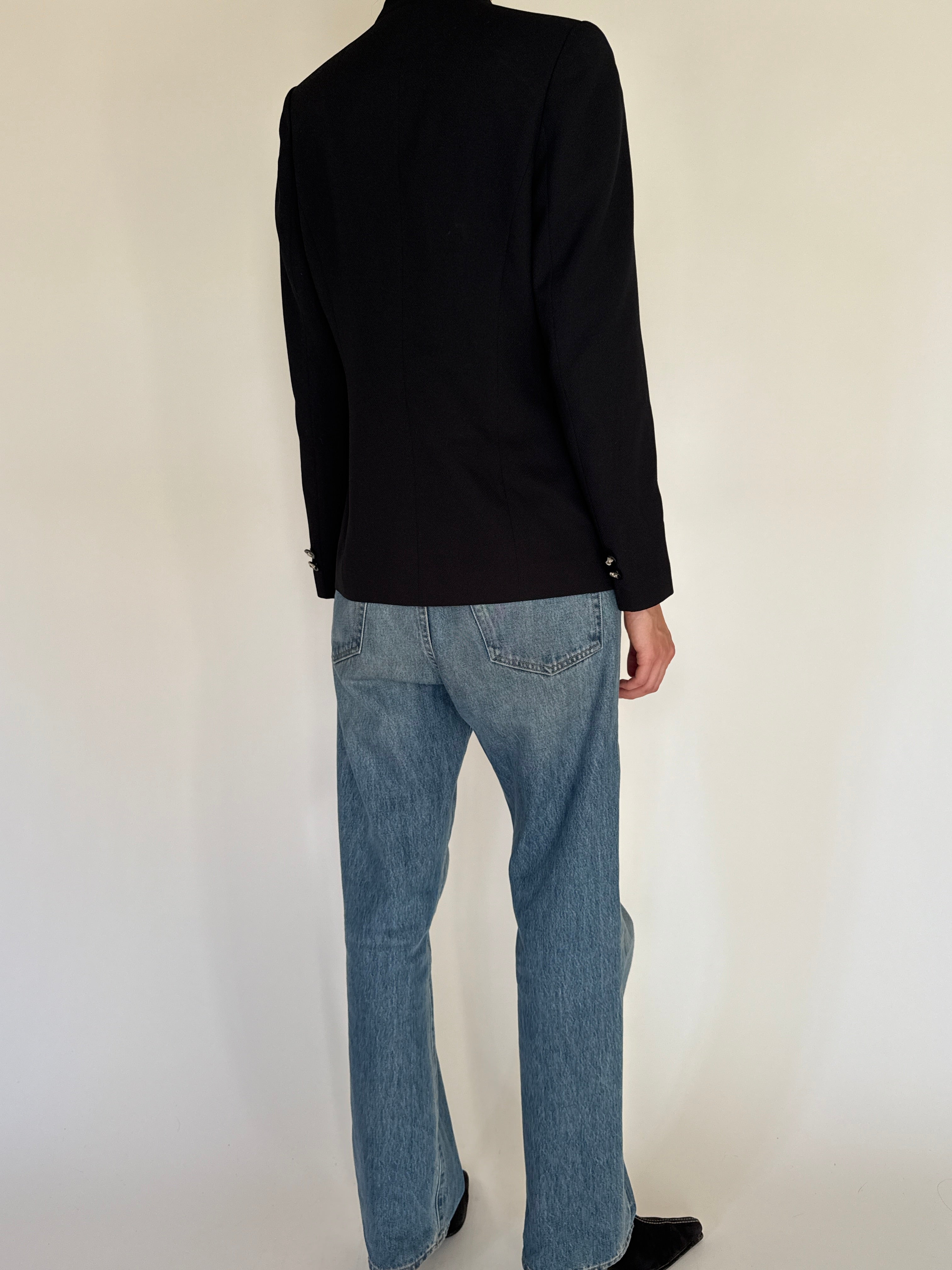 Vintage black collarless blazer back view tailored silhouette