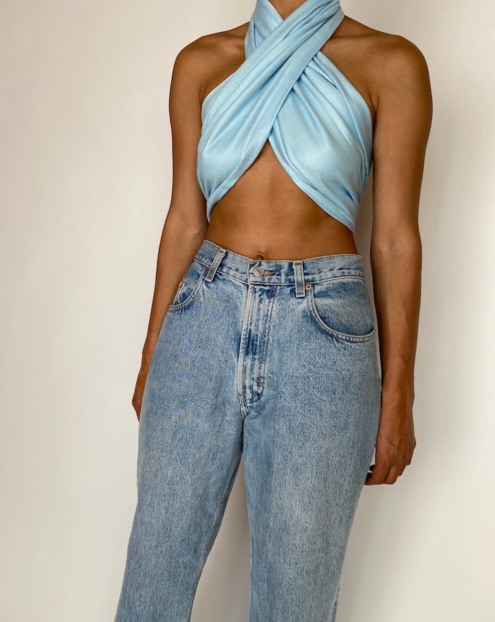 VINTAGE BLUE SCARF USED AS TOP 2922