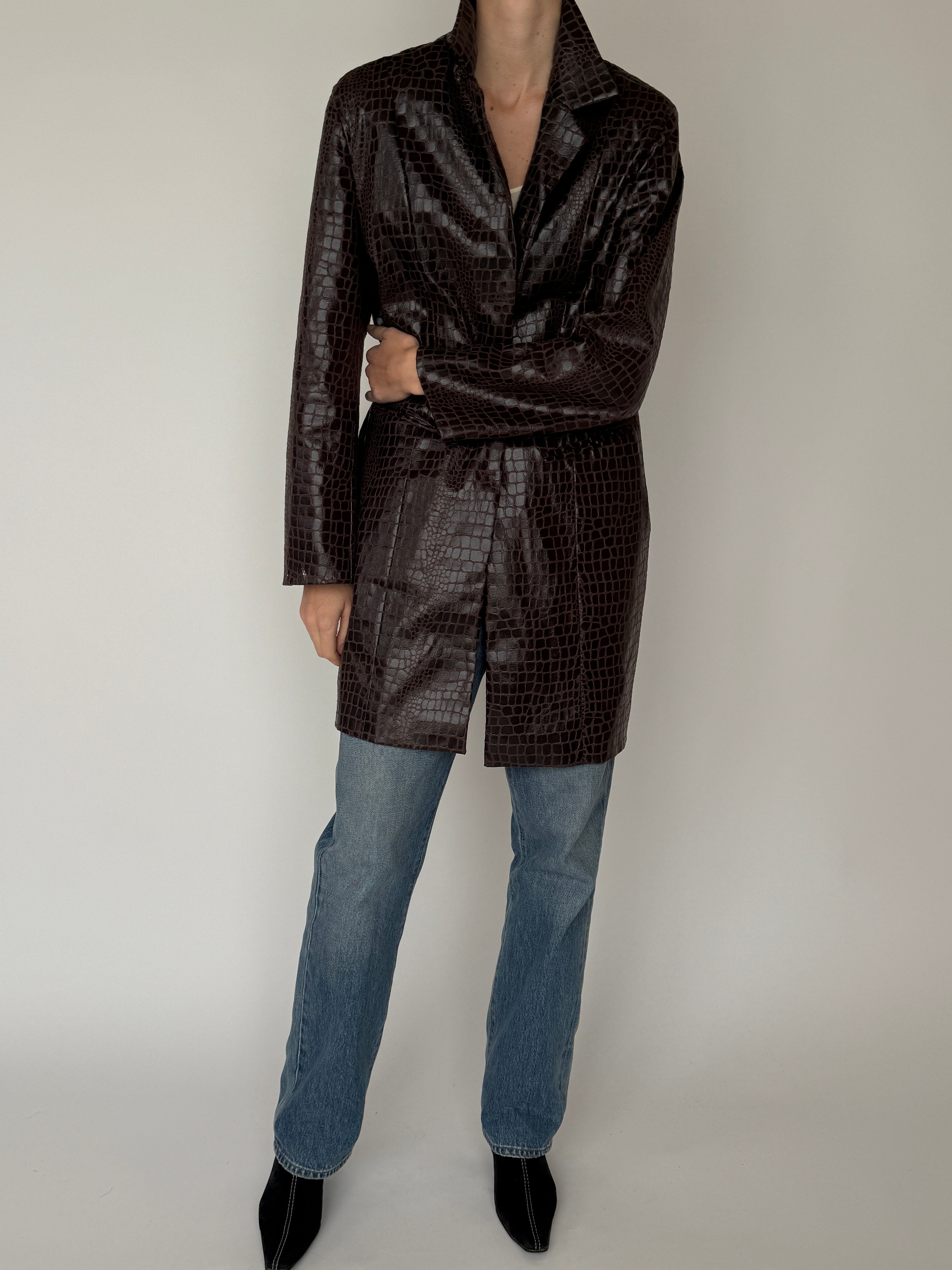 Vintage brown croc-embossed faux leather coat front view