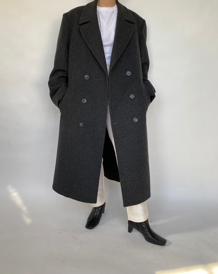 VINTAGE OVERSIZED DARK GREY LONG WOOL COAT 403