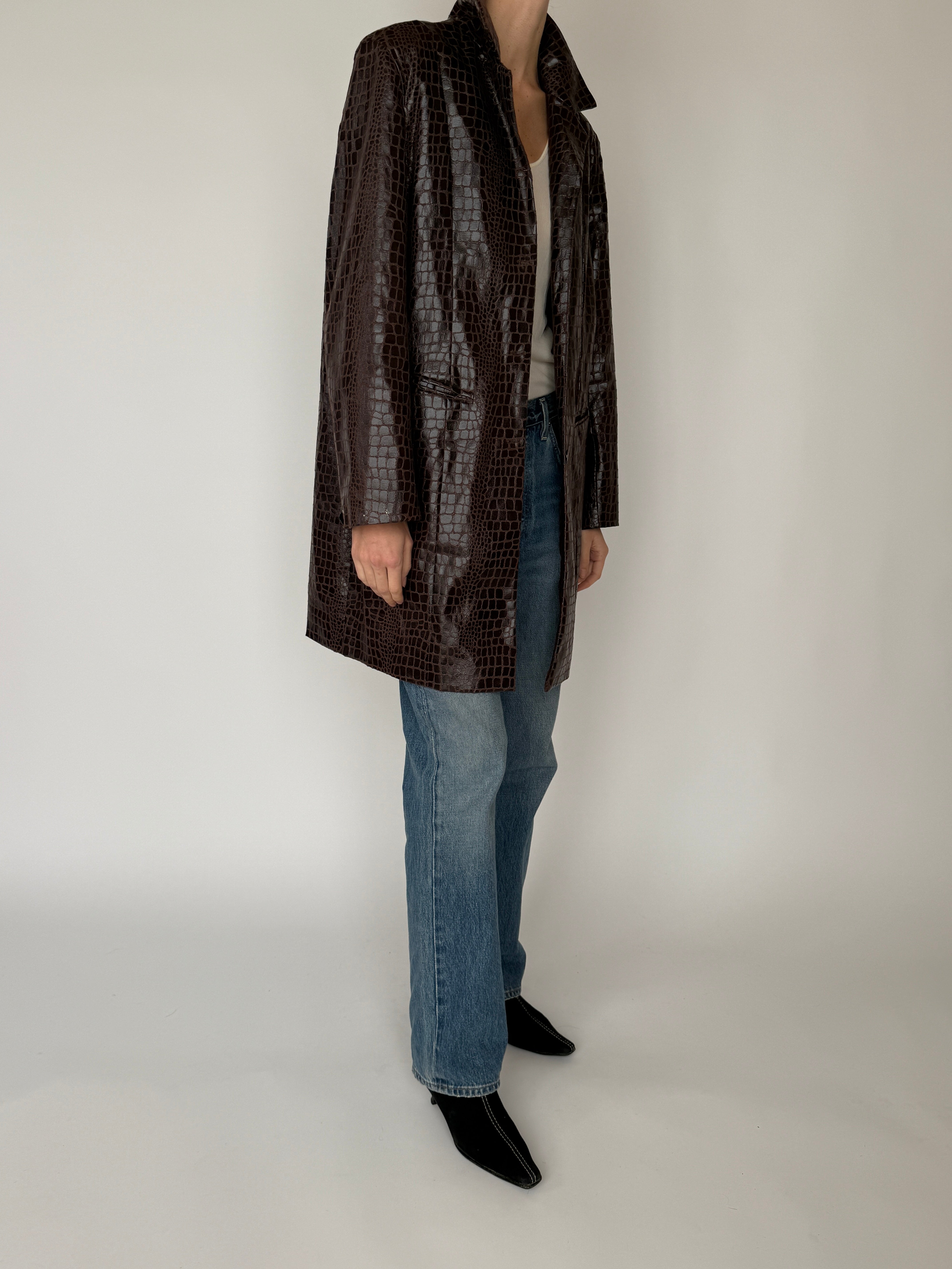 Vintage croc-embossed faux leather coat brown side view