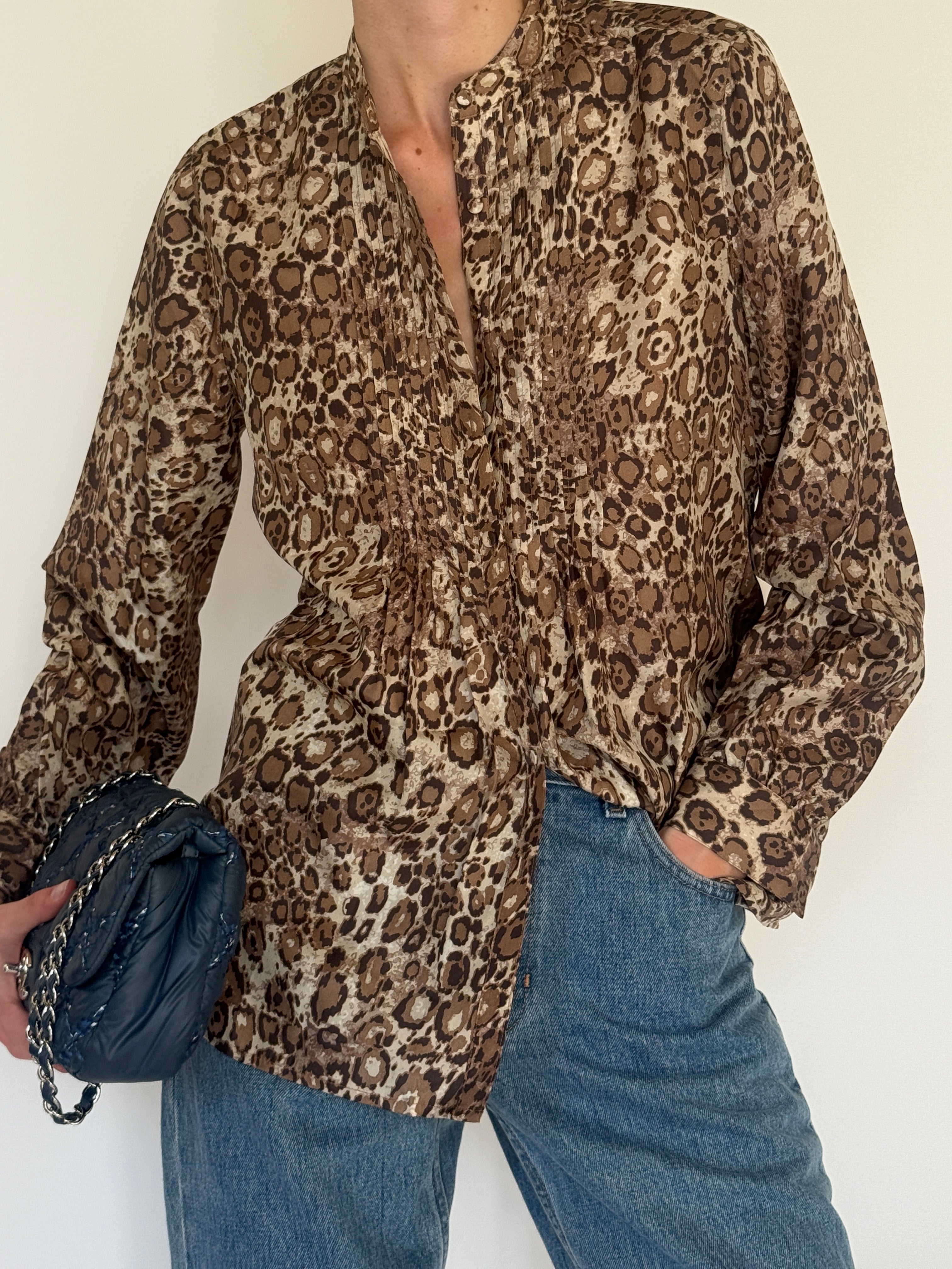 Vintage brown leopard print silk blouse front view with pintuck detail