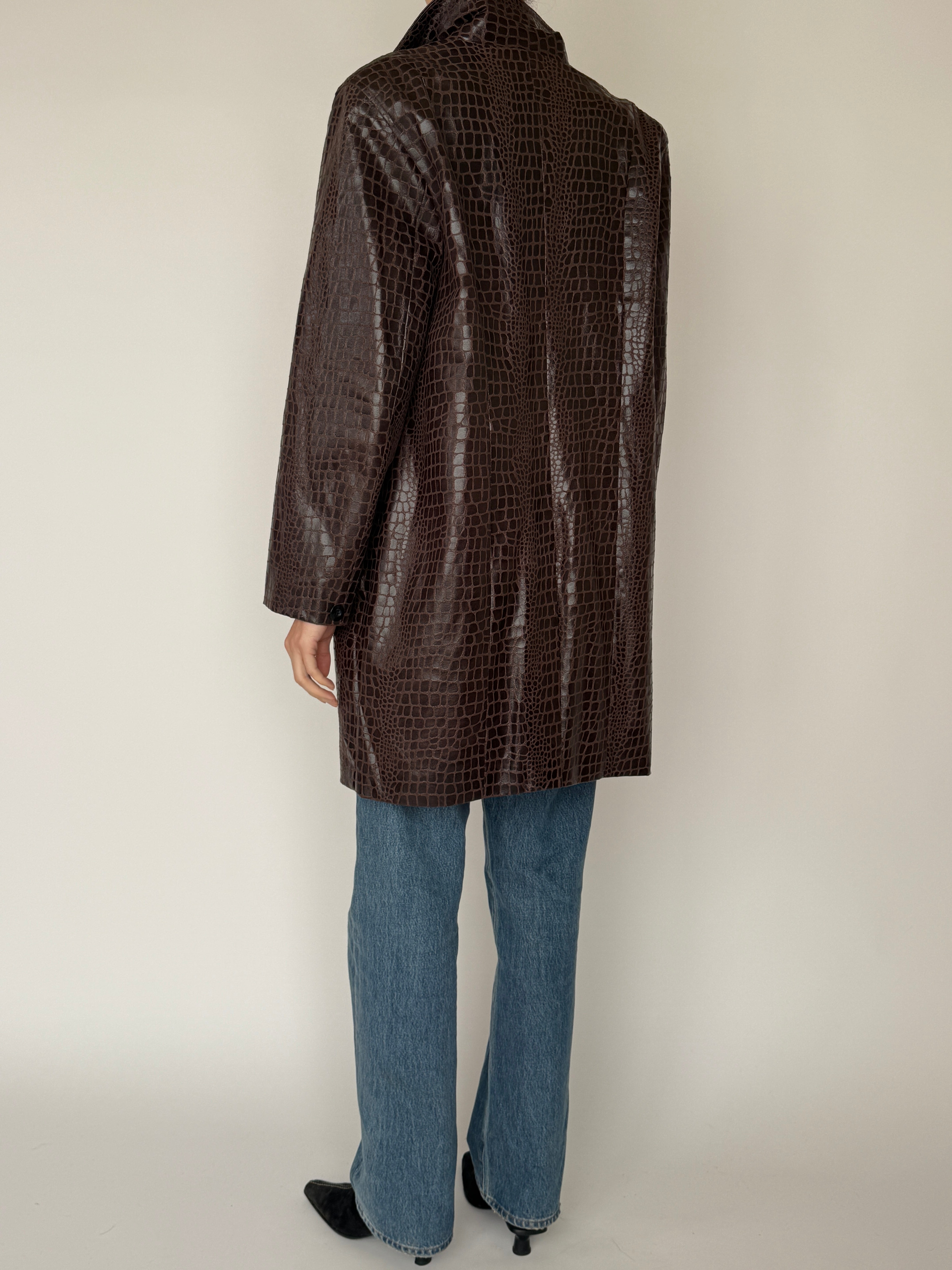 Vintage brown croc-embossed faux leather coat back view full body