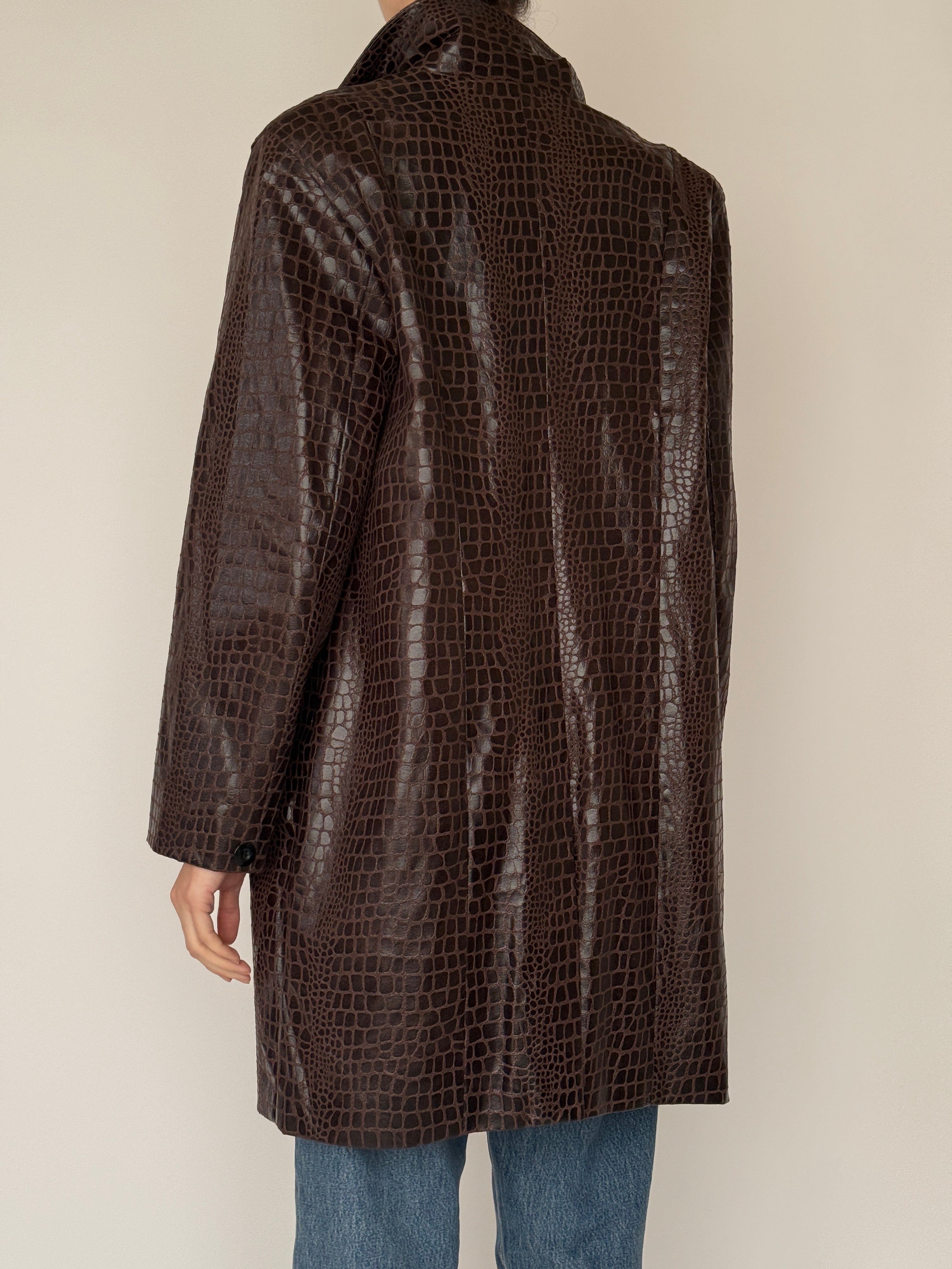 Vintage brown croc-embossed faux leather coat back view