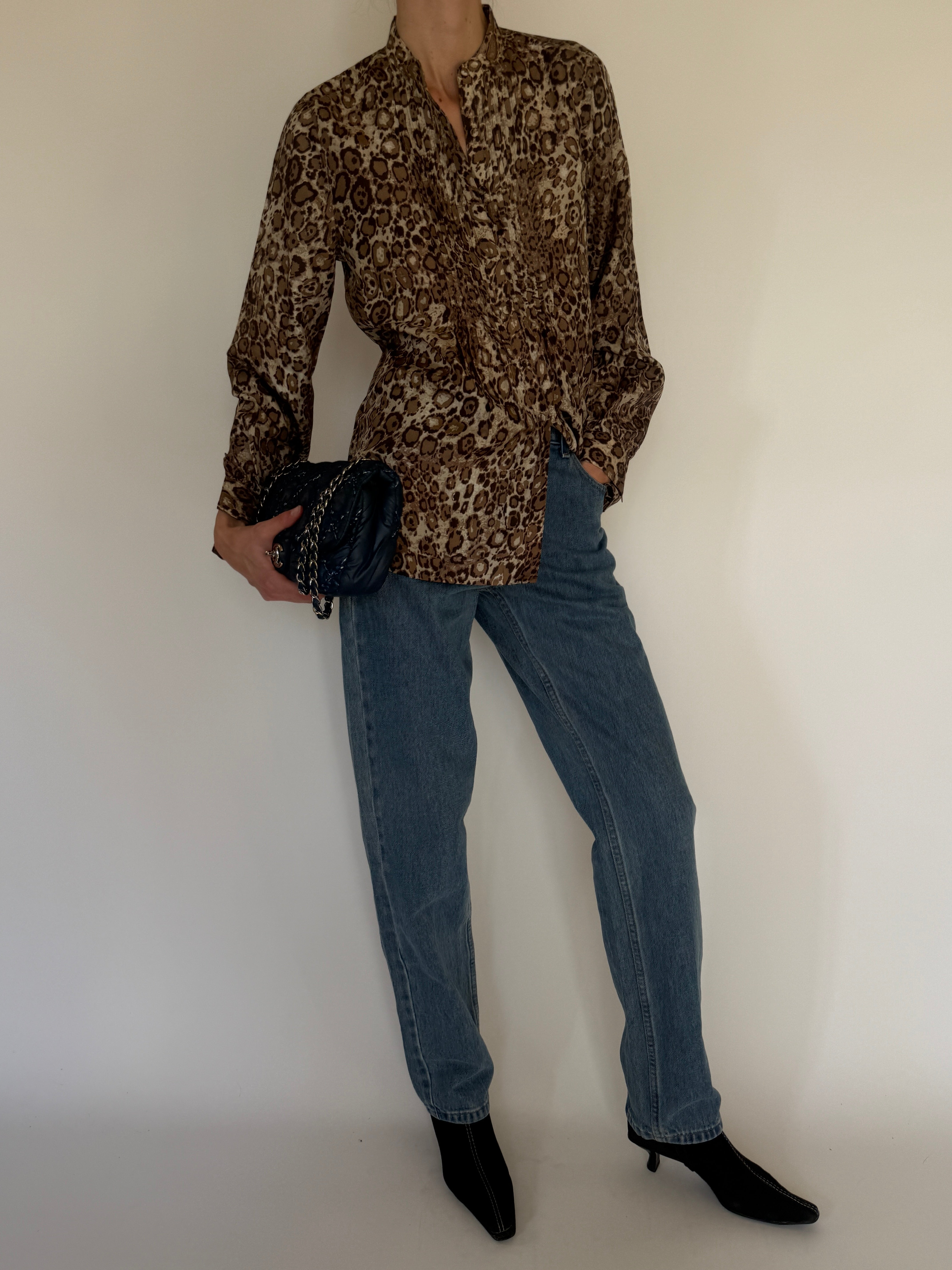 Vintage brown leopard print blouse full outfit front view