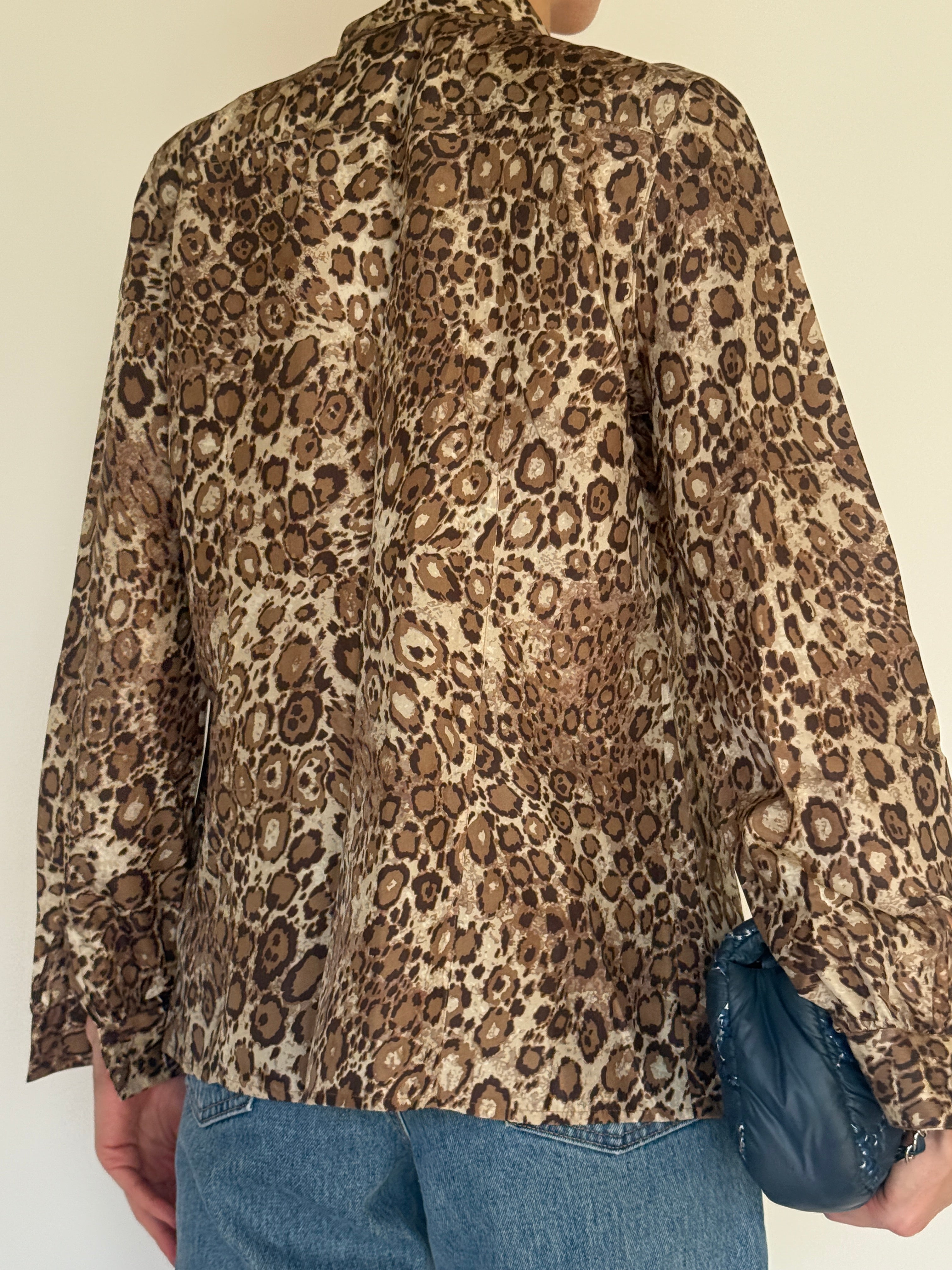 Vintage leopard print silk blouse back view relaxed silhouette