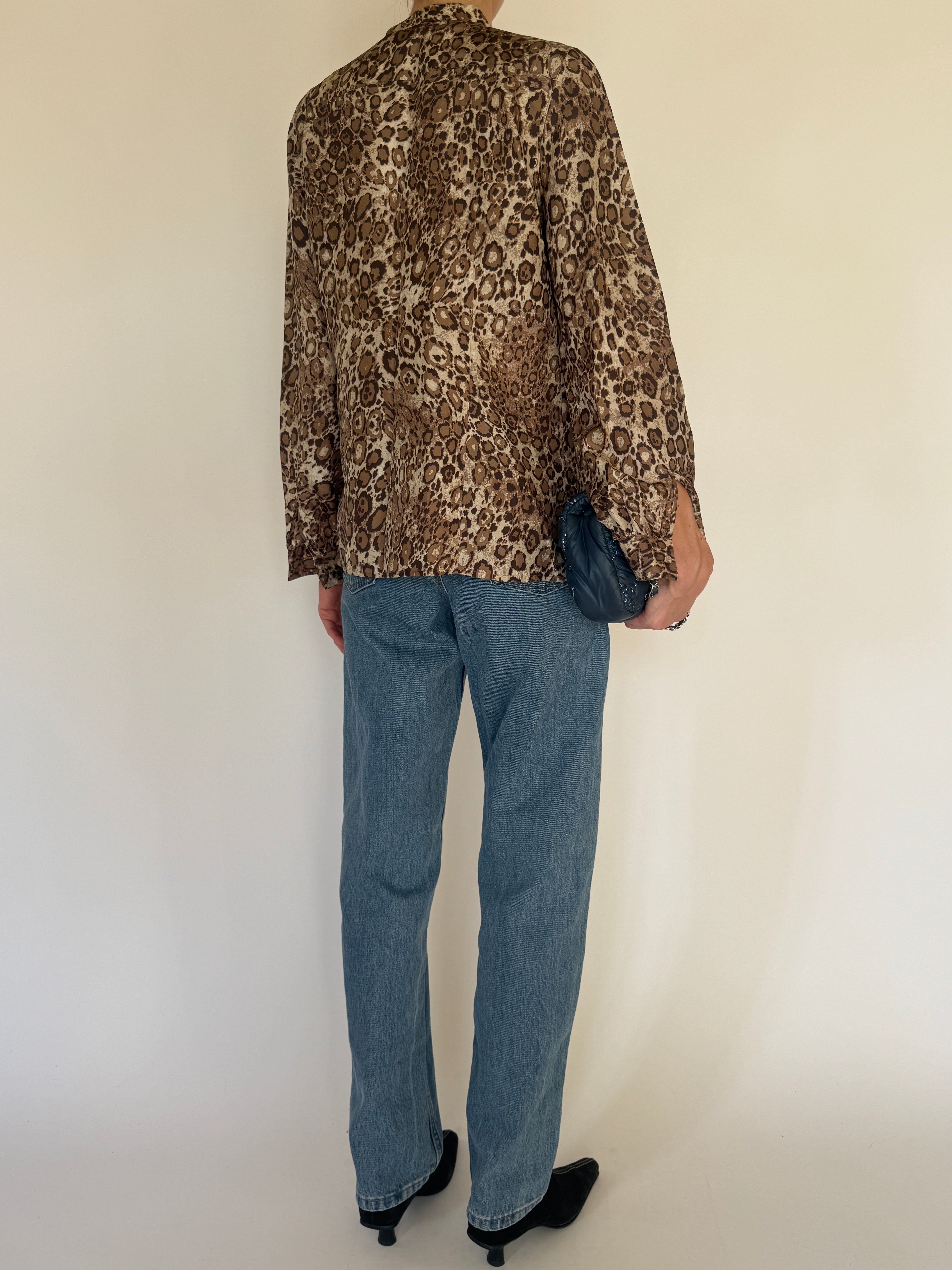 Vintage leopard print silk blouse back view relaxed silhouette