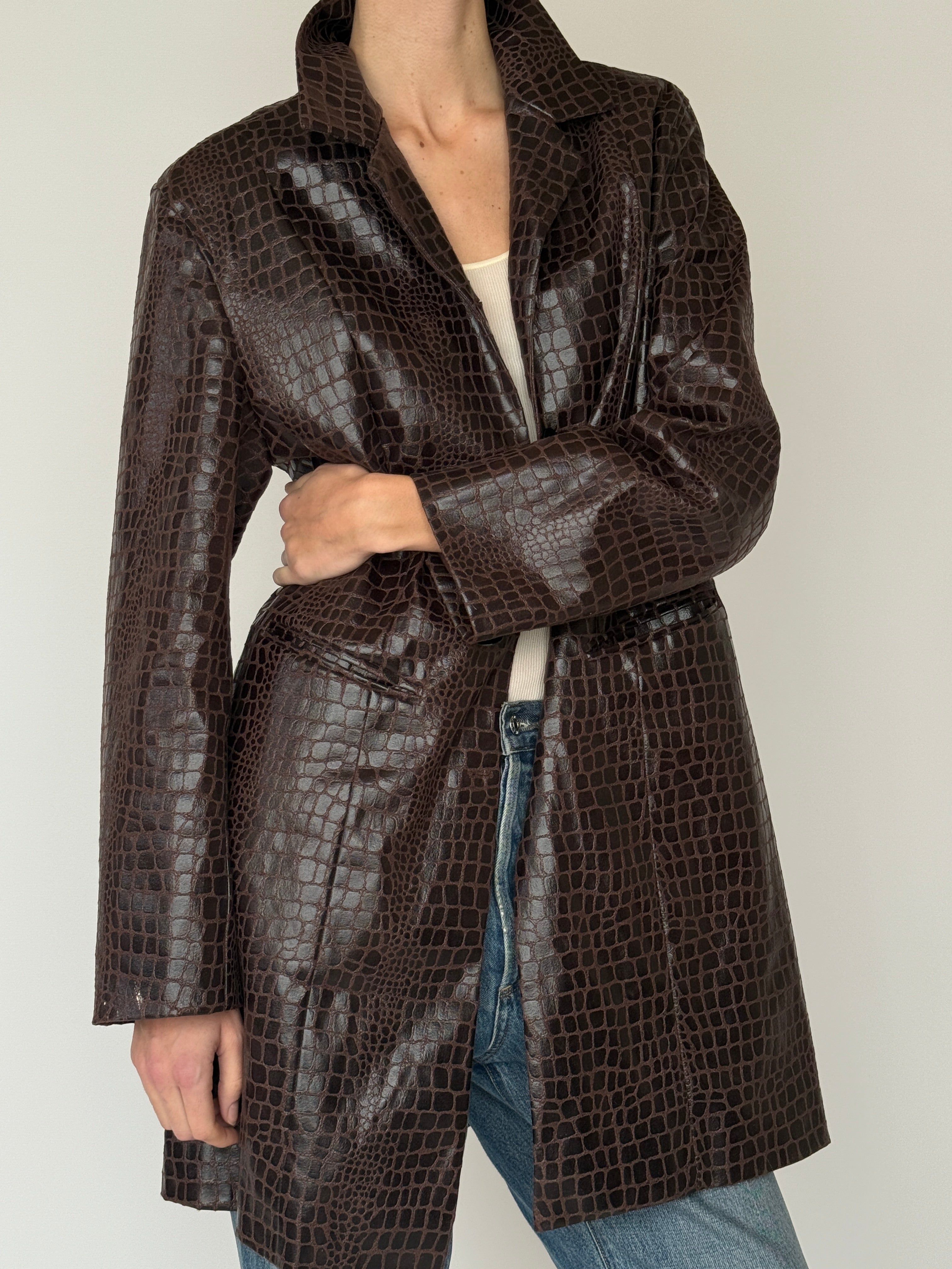 Vintage brown faux leather coat croc pattern detail