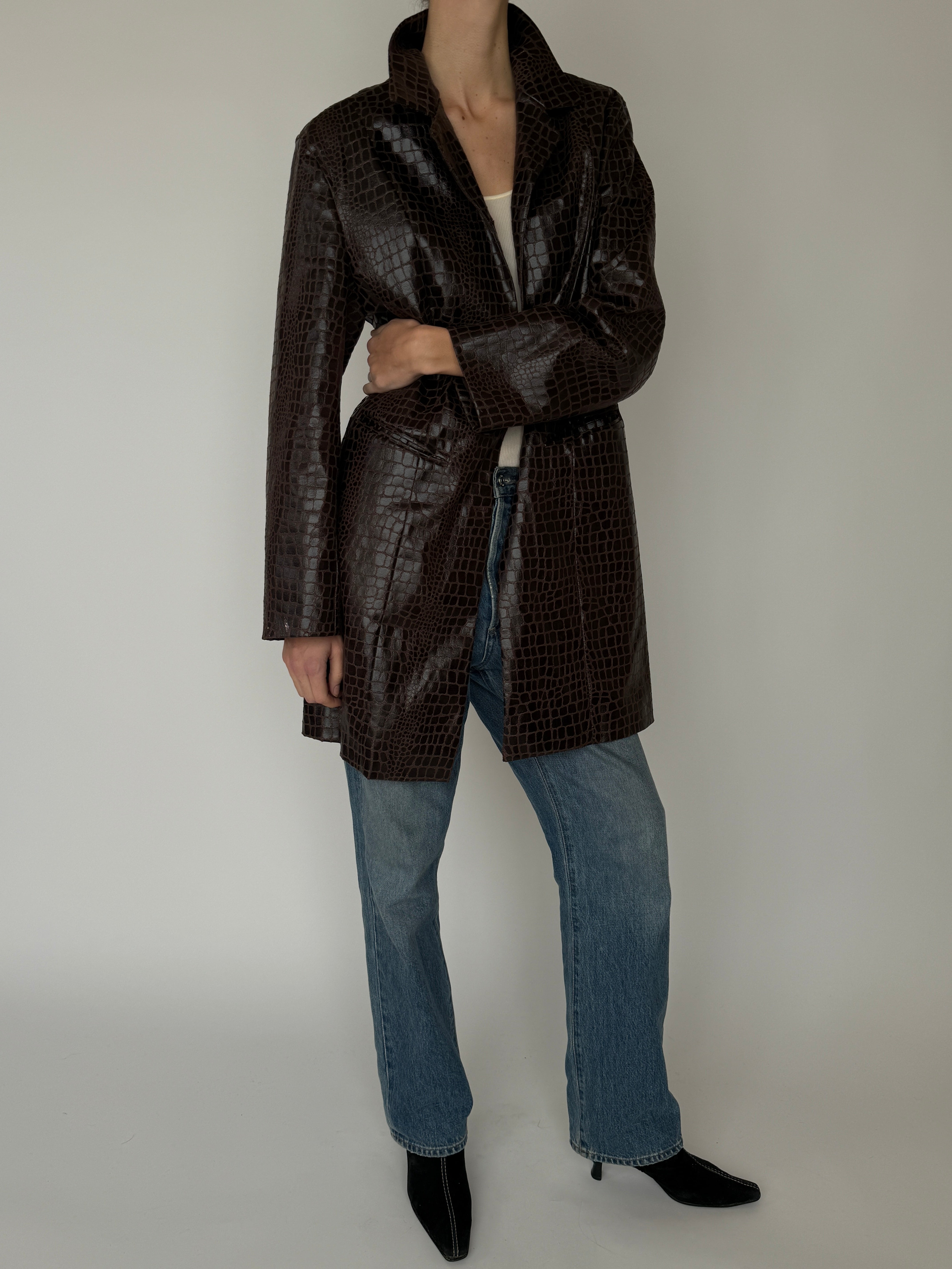 Vintage faux leather coat brown glossy texture
