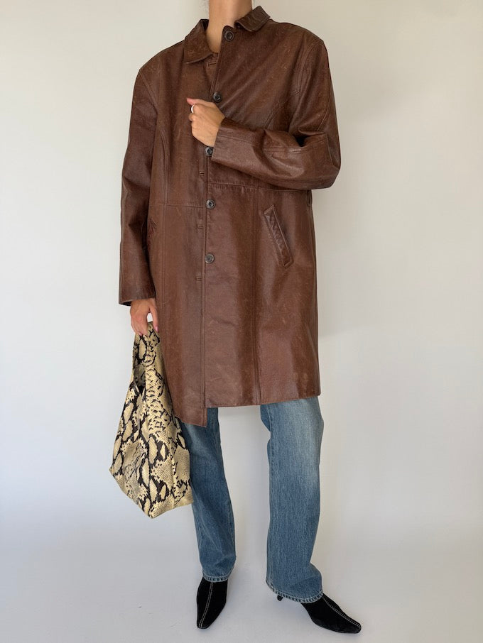Vintage long leather jacket brown 6350