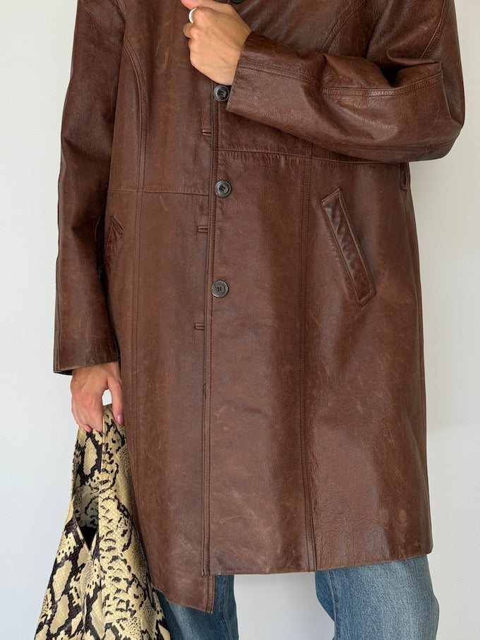 Vintage long leather jacket brown 6350